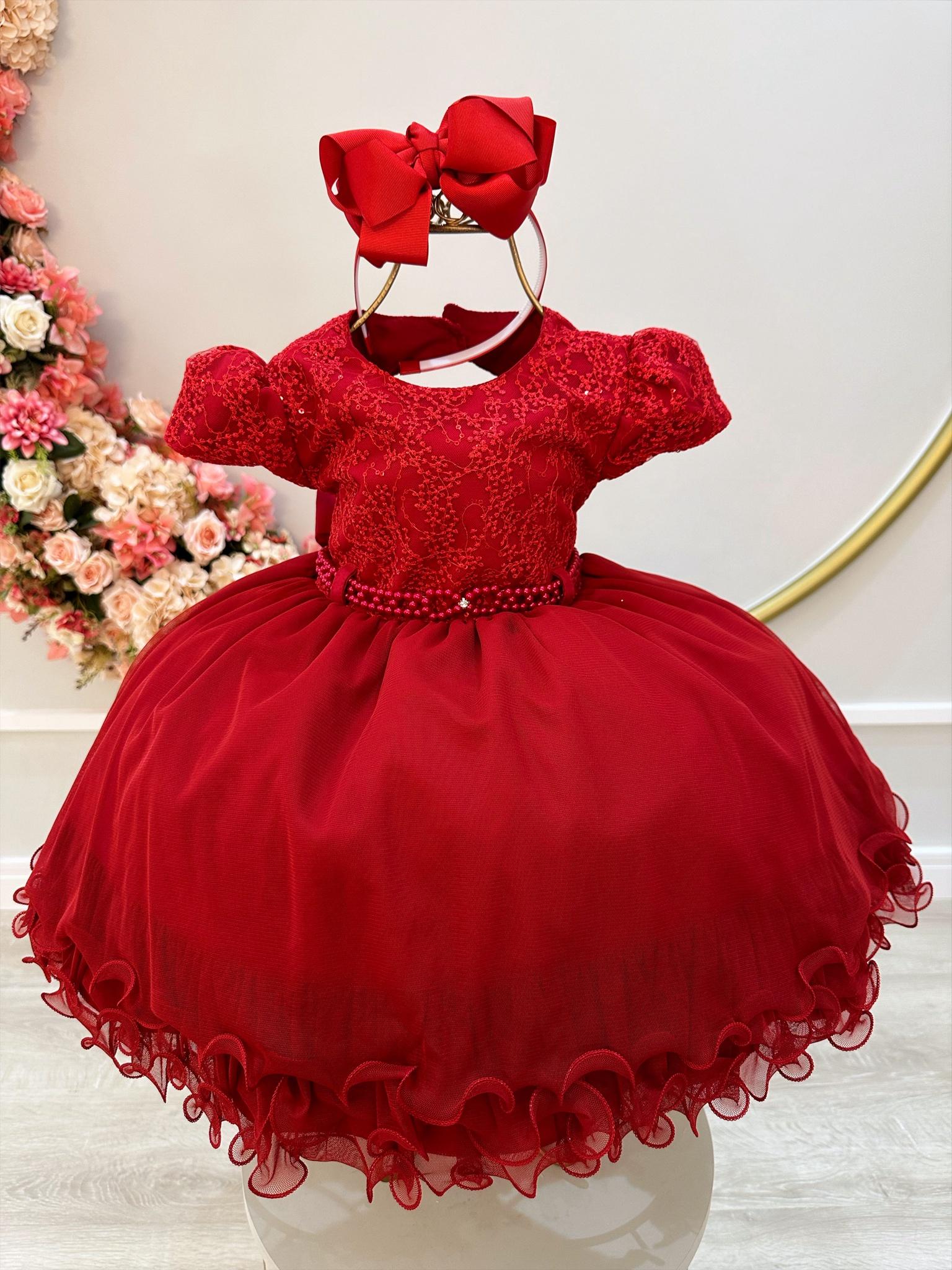 Vestido Infantil Vermelho Bordado e Cinto de Pérolas Luxo