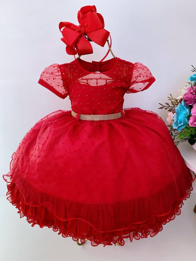 Vestido Infantil Vermelho Brilho Tule Cinto Strass Luxo Princesas