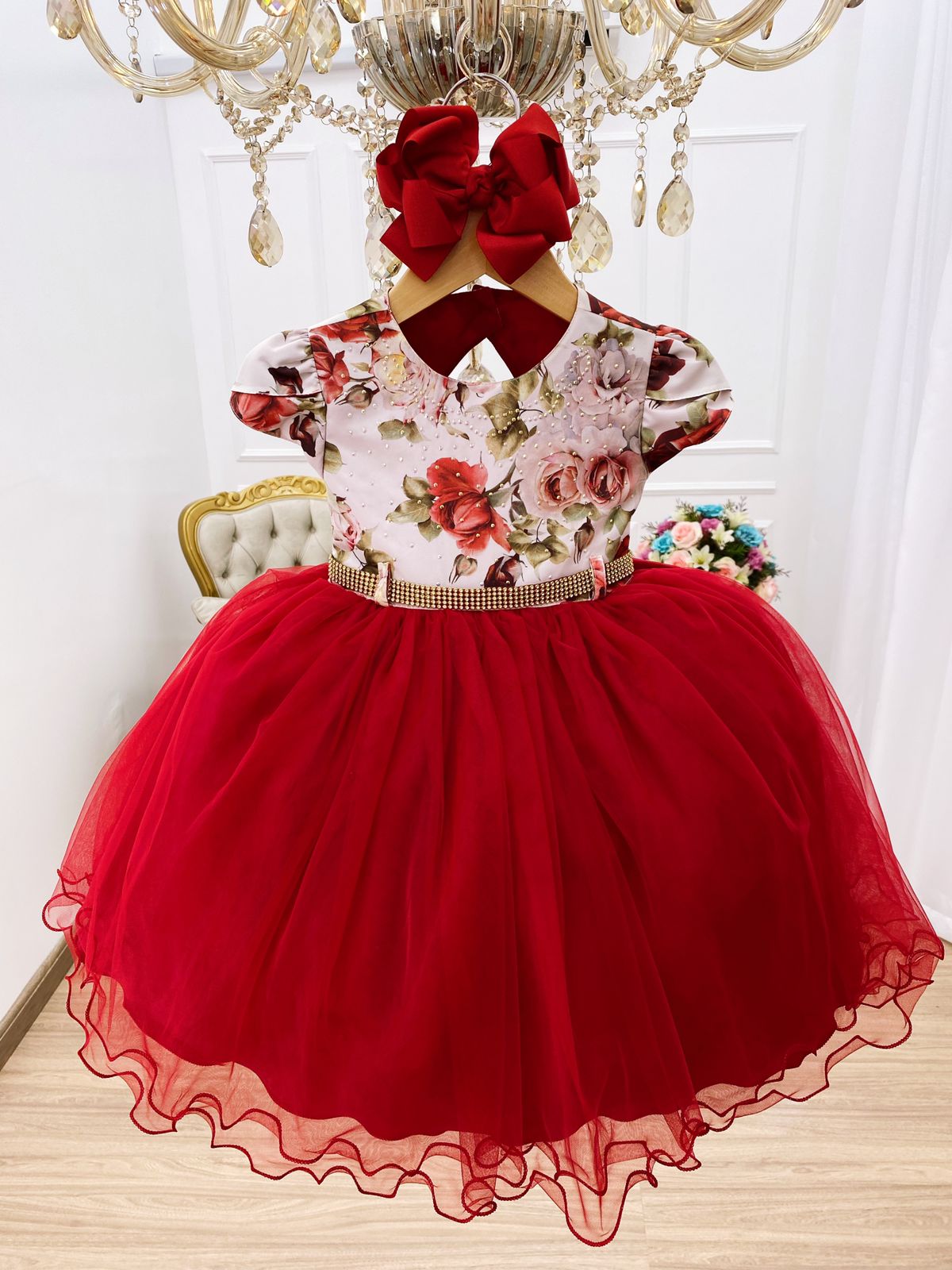 Vestido Infantil Vermelho Busto Floral Saia Cinto Strass