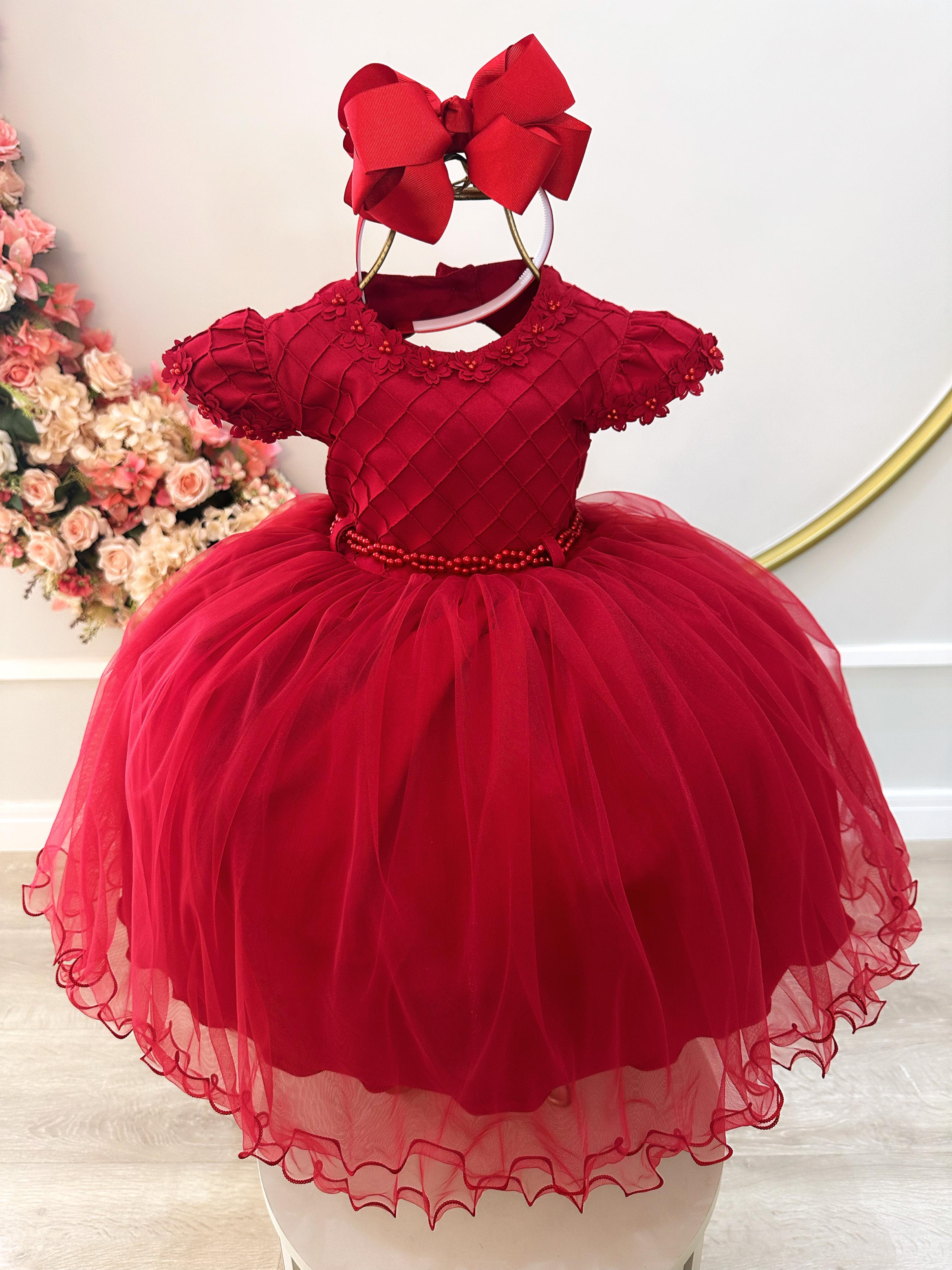 Vestido Infantil Vermelho Busto Nervura C/ Apliques Daminha