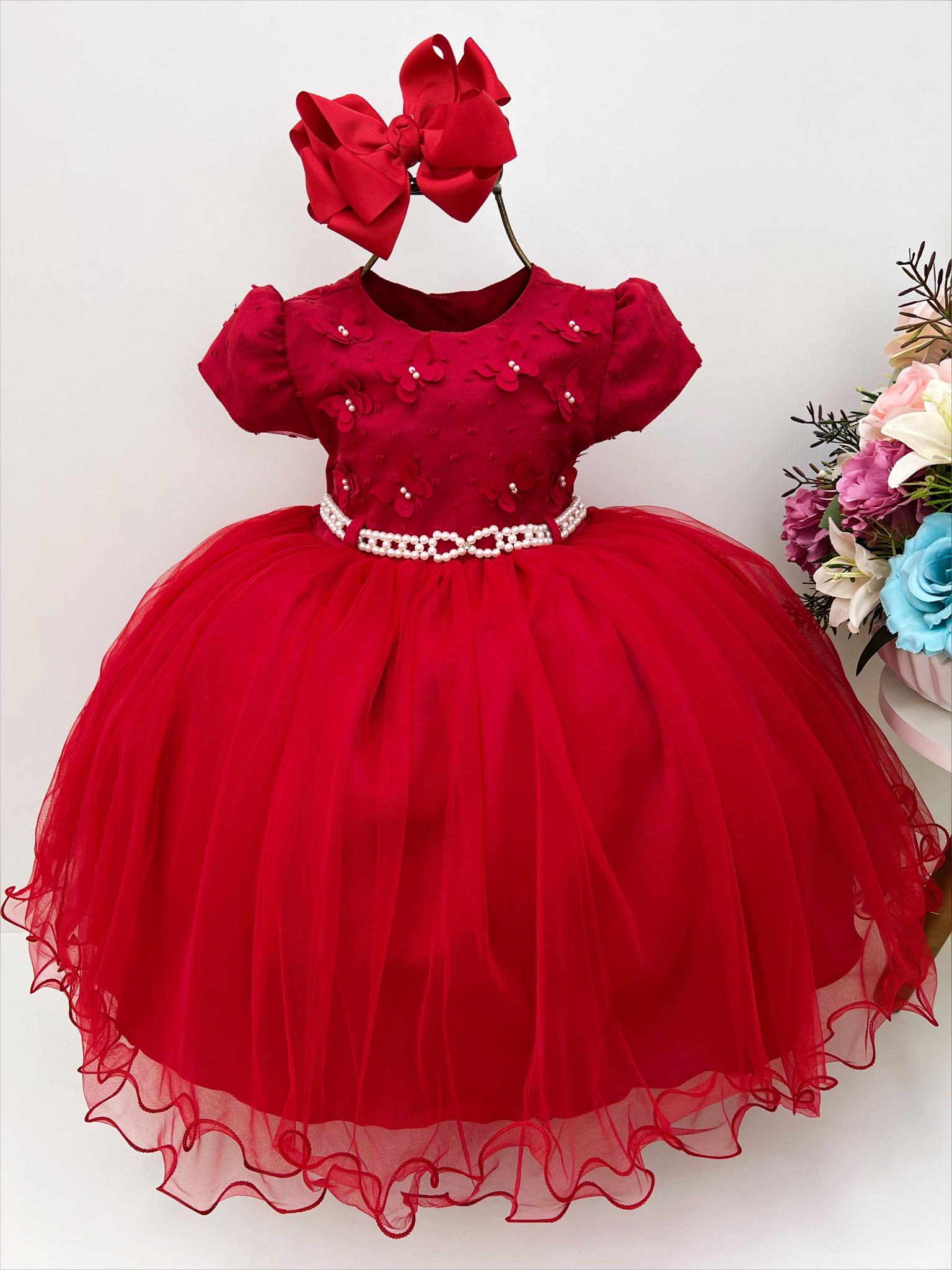 Vestido Infantil Vermelho C/ Aplique de Borboletas e Pérolas