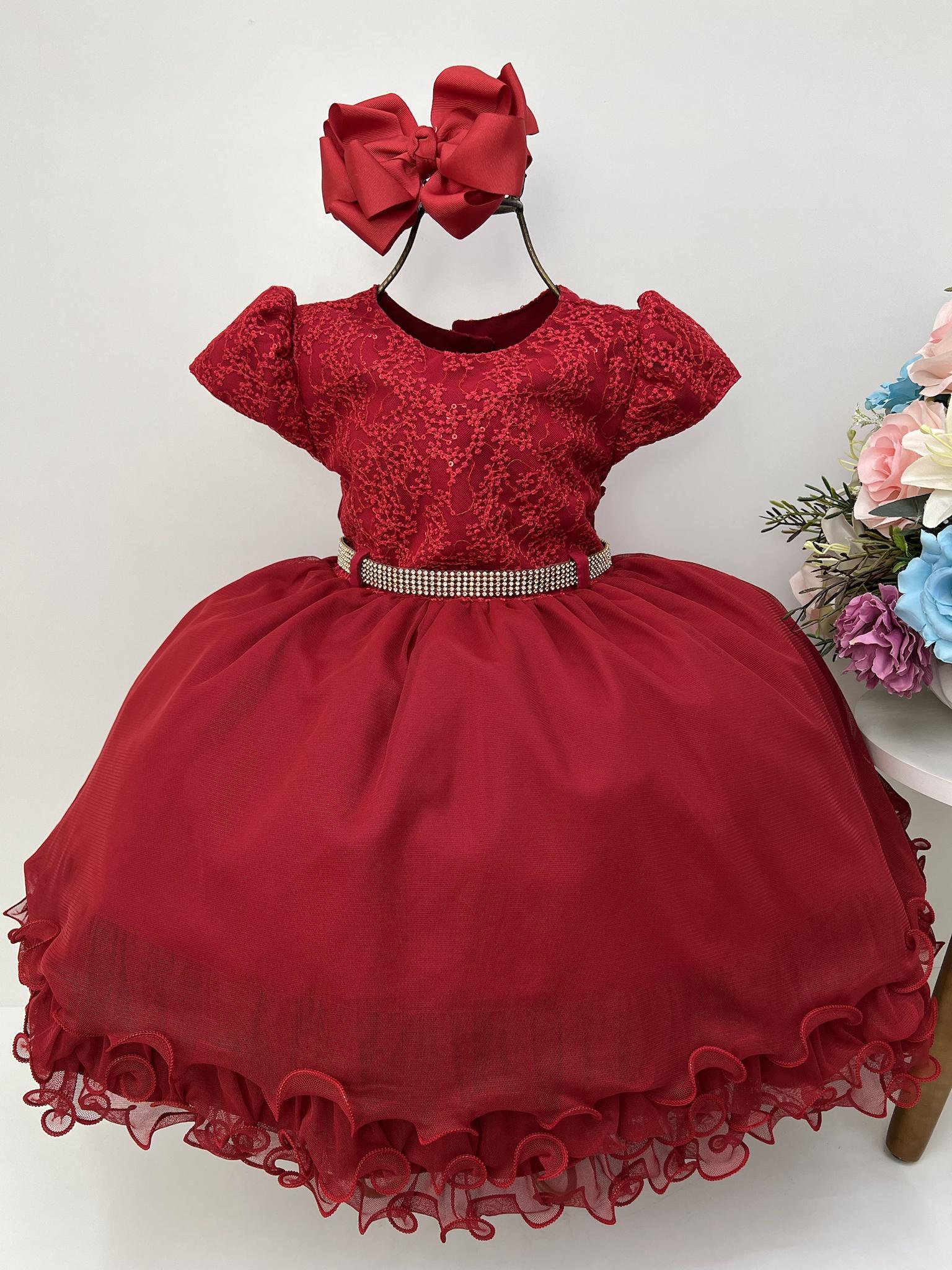 Vestido Infantil Vermelho C/ Renda Paetê Cinto de Strass