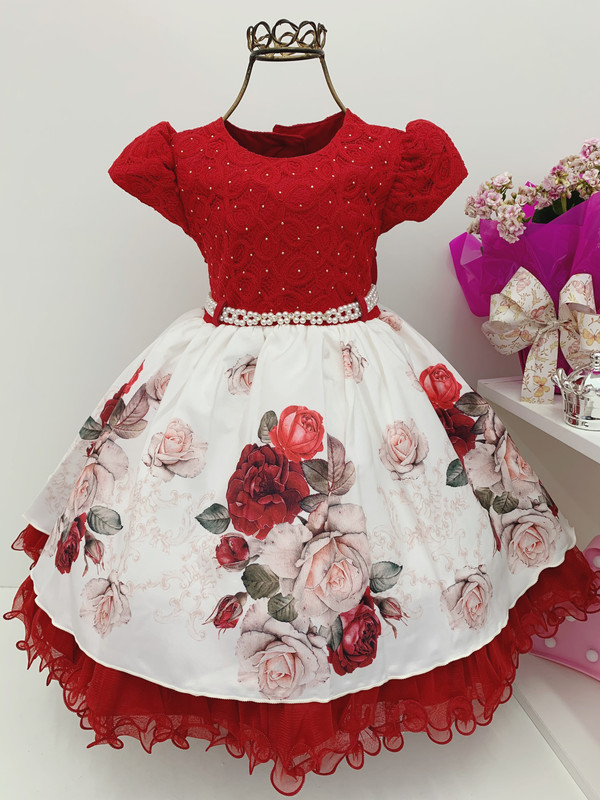 Vestido Infantil Vermelho Floral Luxo e Renda Pérolas
