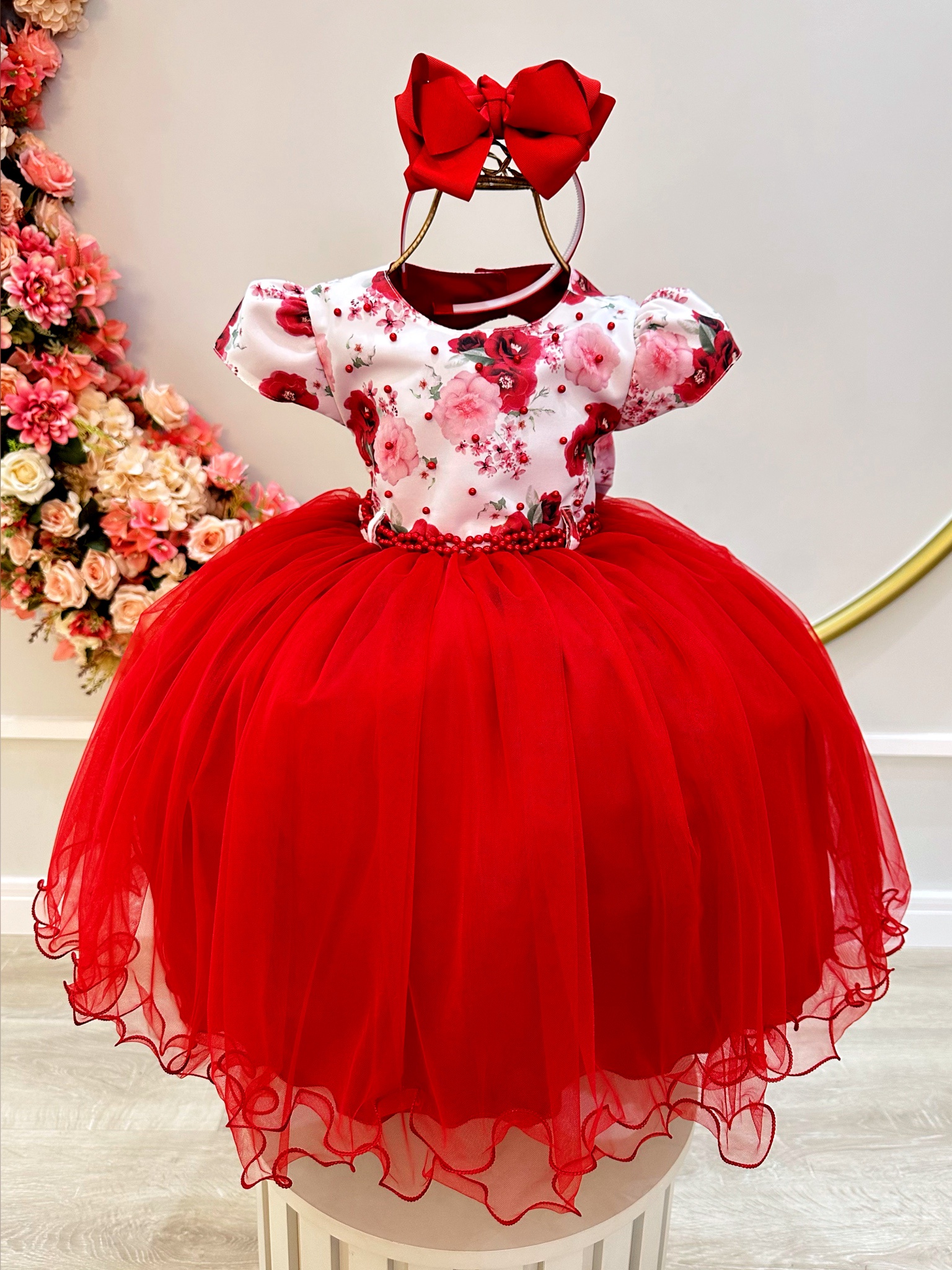 Vestido Infantil Vermelho Florido Busto C/ Pérolas Luxo