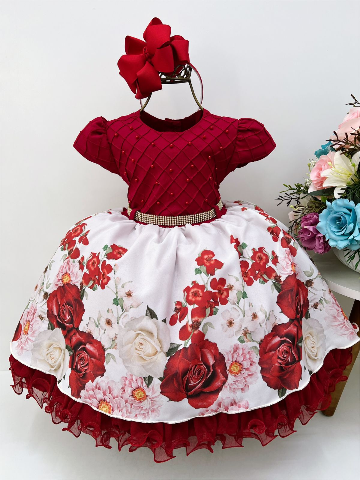 Vestido Infantil Vermelho Busto C/ Nervura Pérola Florido