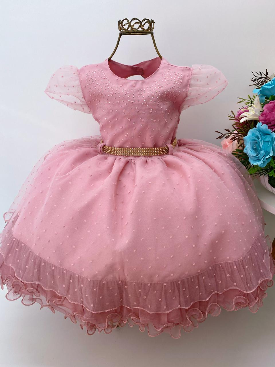 Vestido Infantil Voal Bolinhas Rosê