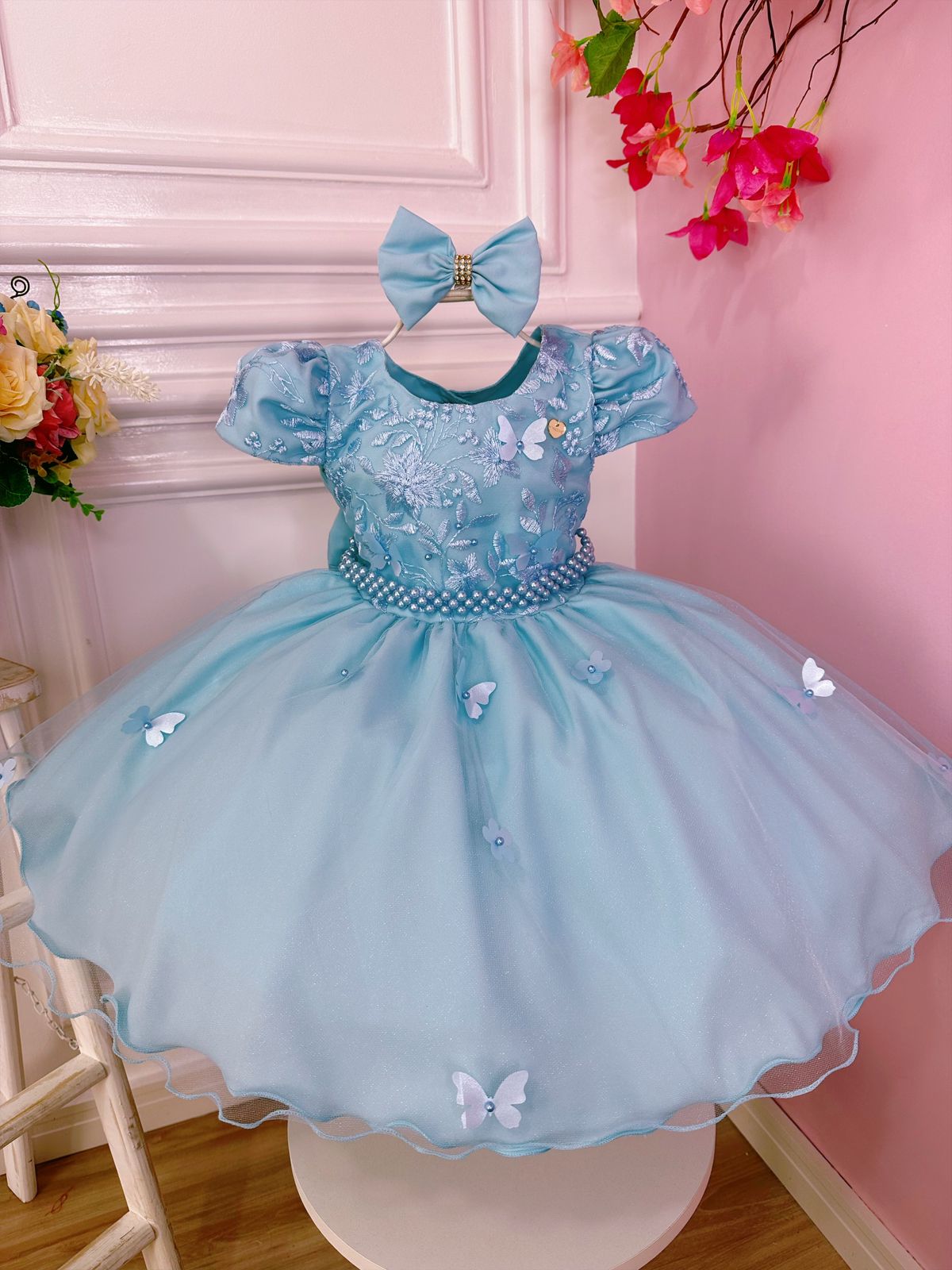 Vestido Infantil Azul Renda Aplique Flor Borboleta e Laço