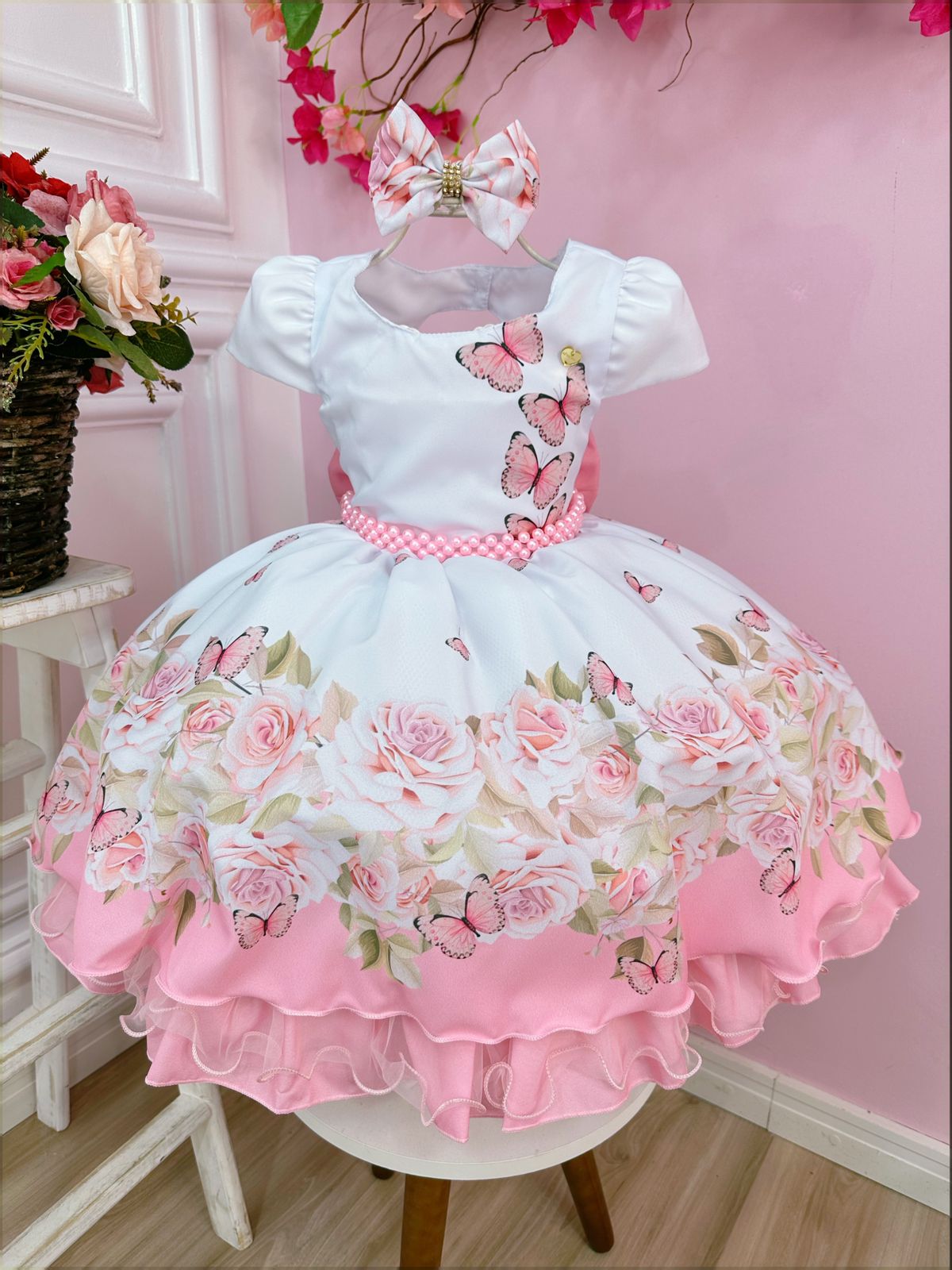 Vestido Infantil Branco Jardim das Borboletas Laço e Pérolas