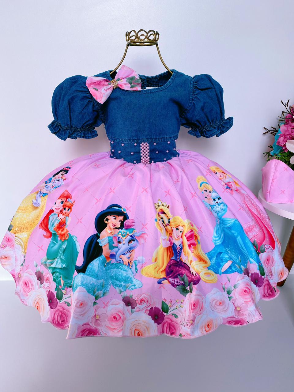 Vestido Infantil Princesas Rosa e Jeans Com Pérolas