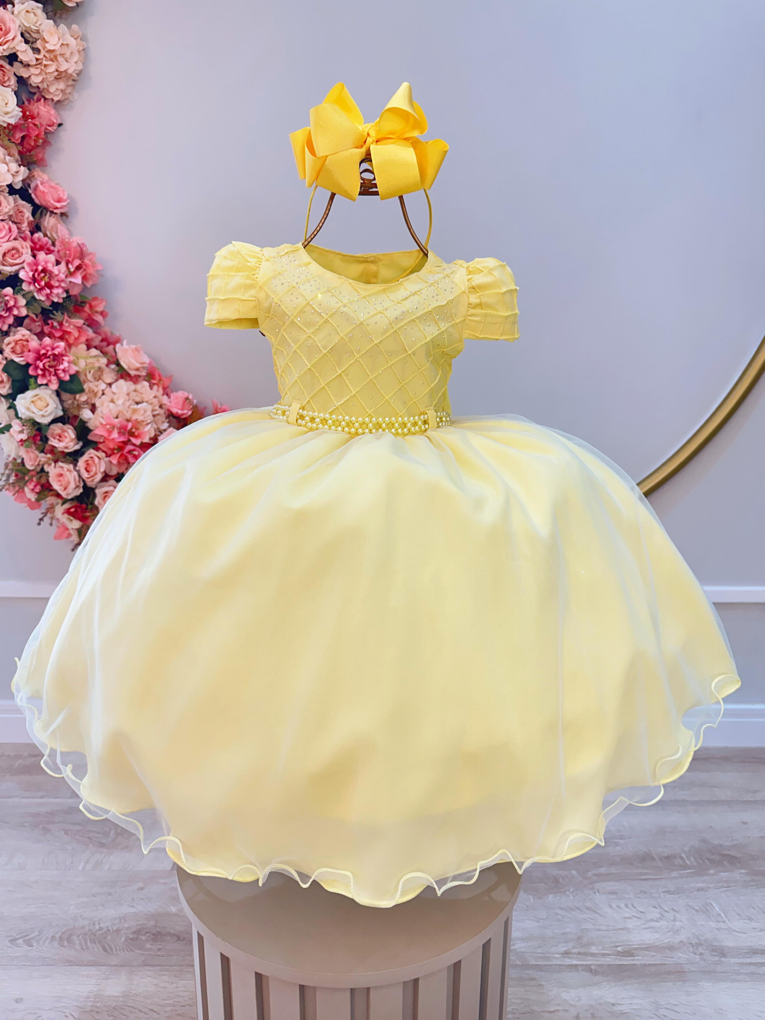 Vestido Infantil Amarelo Busto Nervura Strass Daminhas