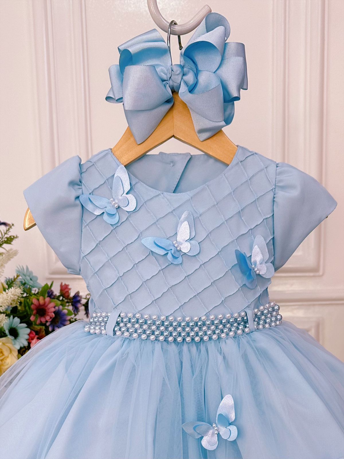 Vestido Infantil Azul Bebê Peito Nervura Aplique Borboletas - Rosa ...