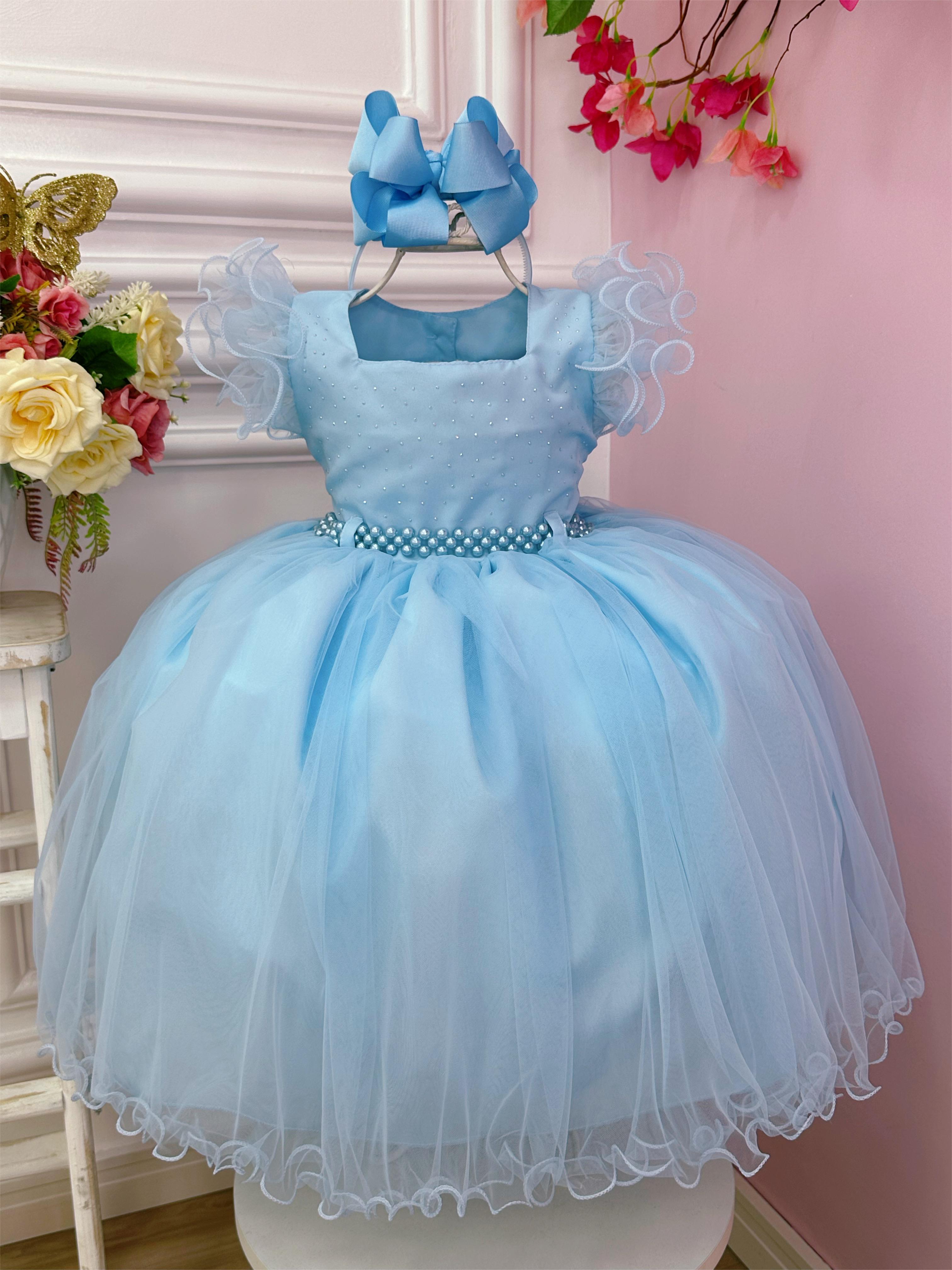 Vestido Infantil Azul Bebê Strass no Busto e Cinto de Pérolas