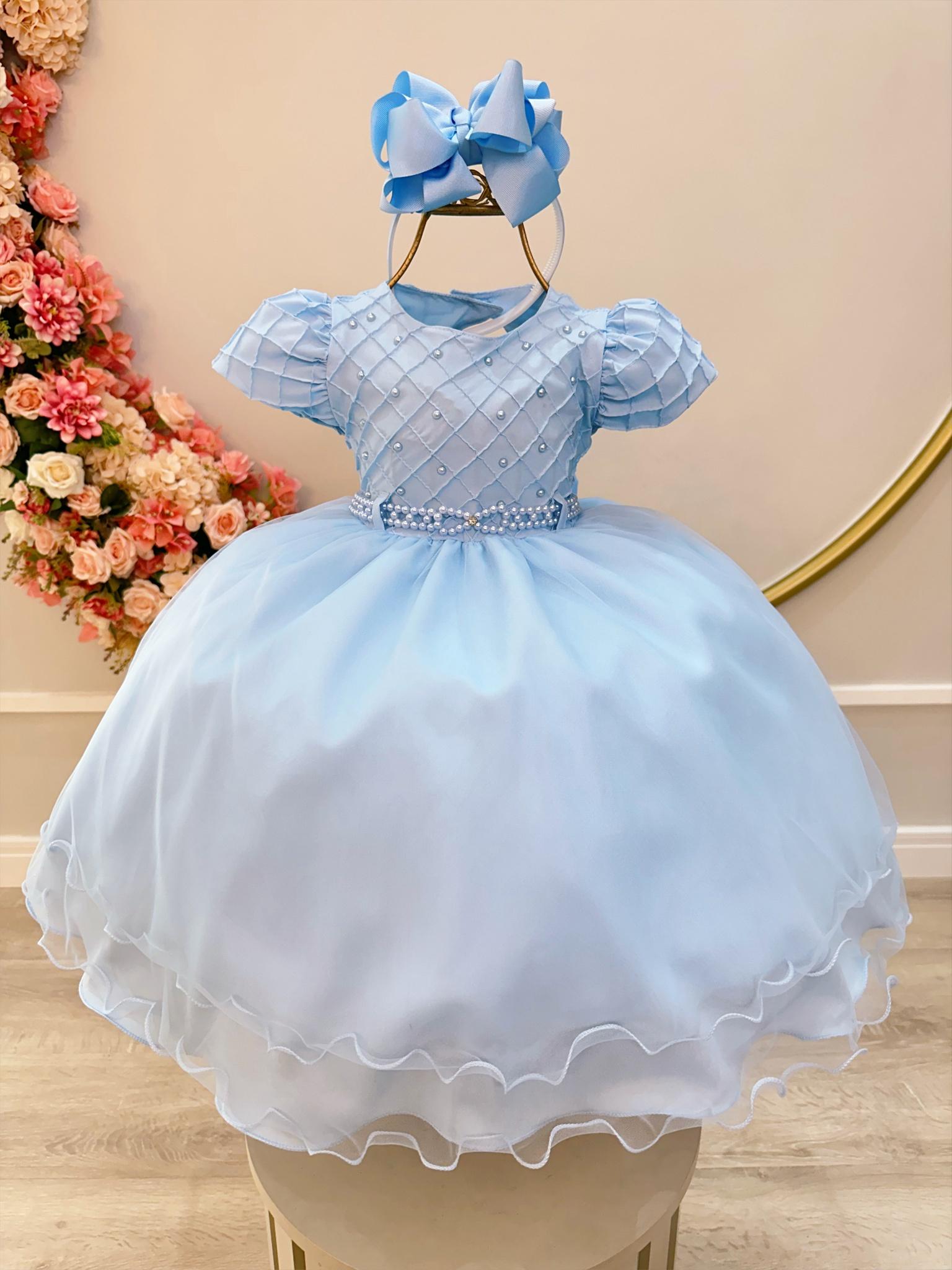 Vestido Infantil Azul Claro Busto Nervura Pérolas Daminhas