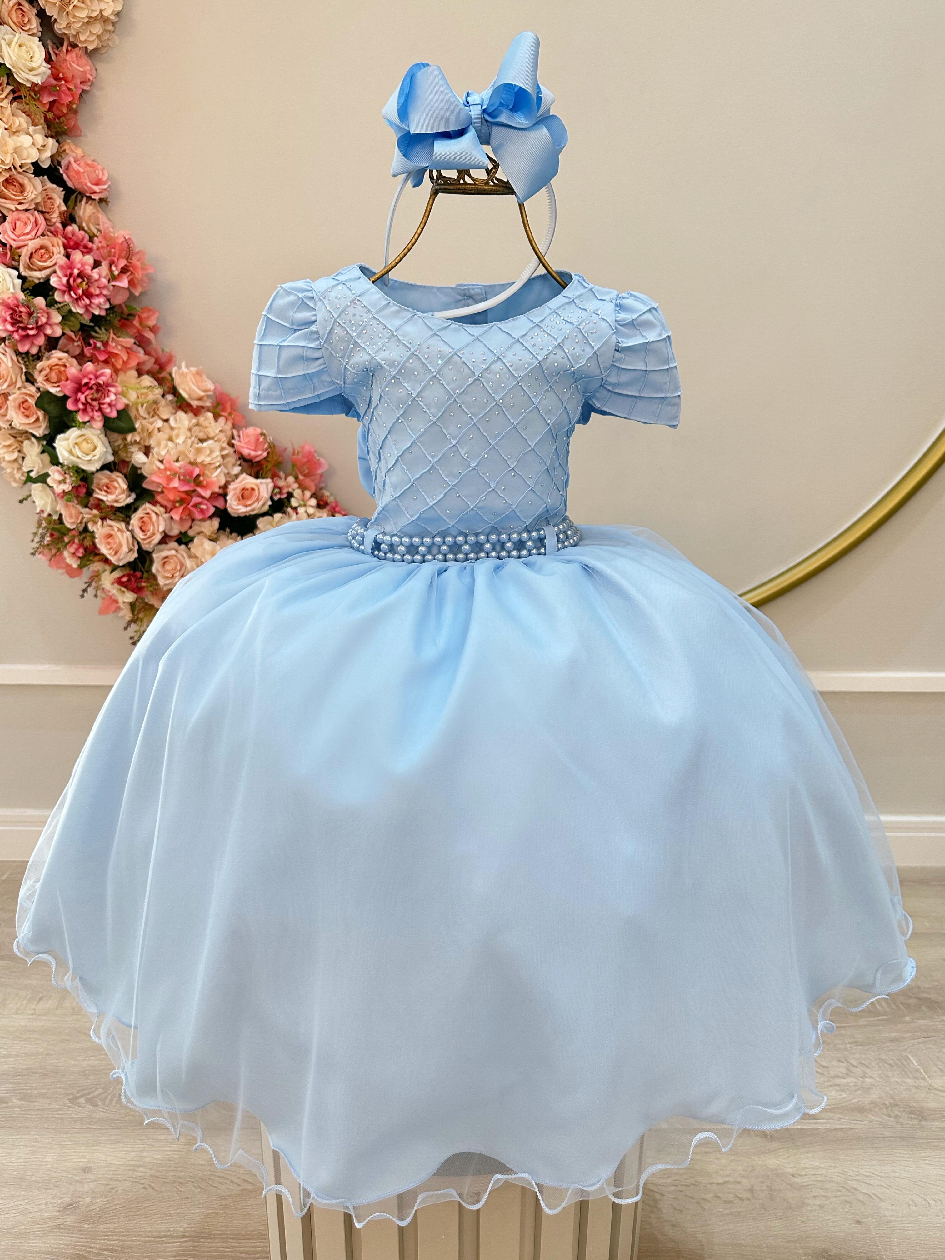 Vestido Infantil Azul Claro Busto Nervura Strass Daminhas