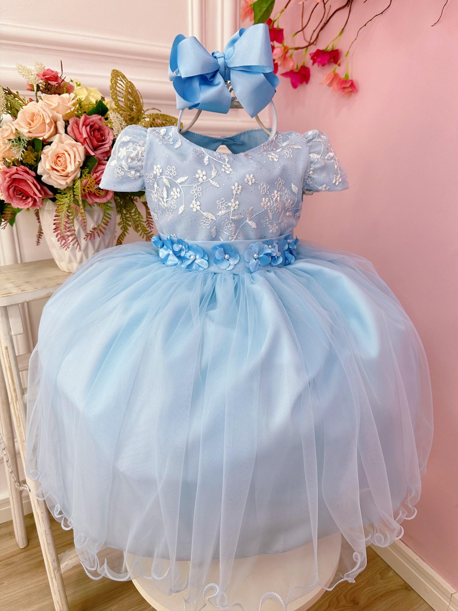 Vestido Infantil Azul Com Renda e Aplique de Flores Festas