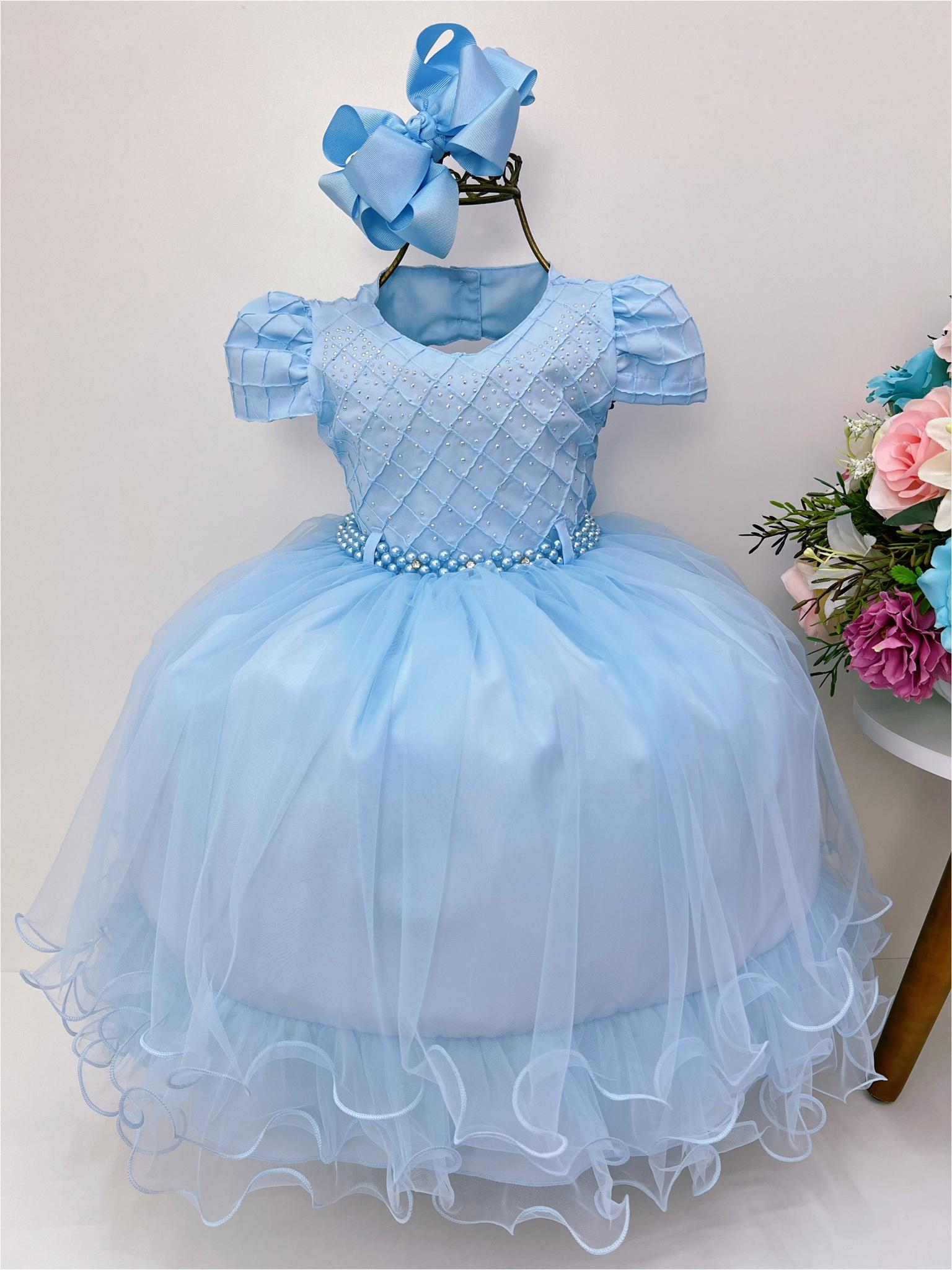 Vestido Infantil Azul Peito C/ Nervura Strass Pérolas