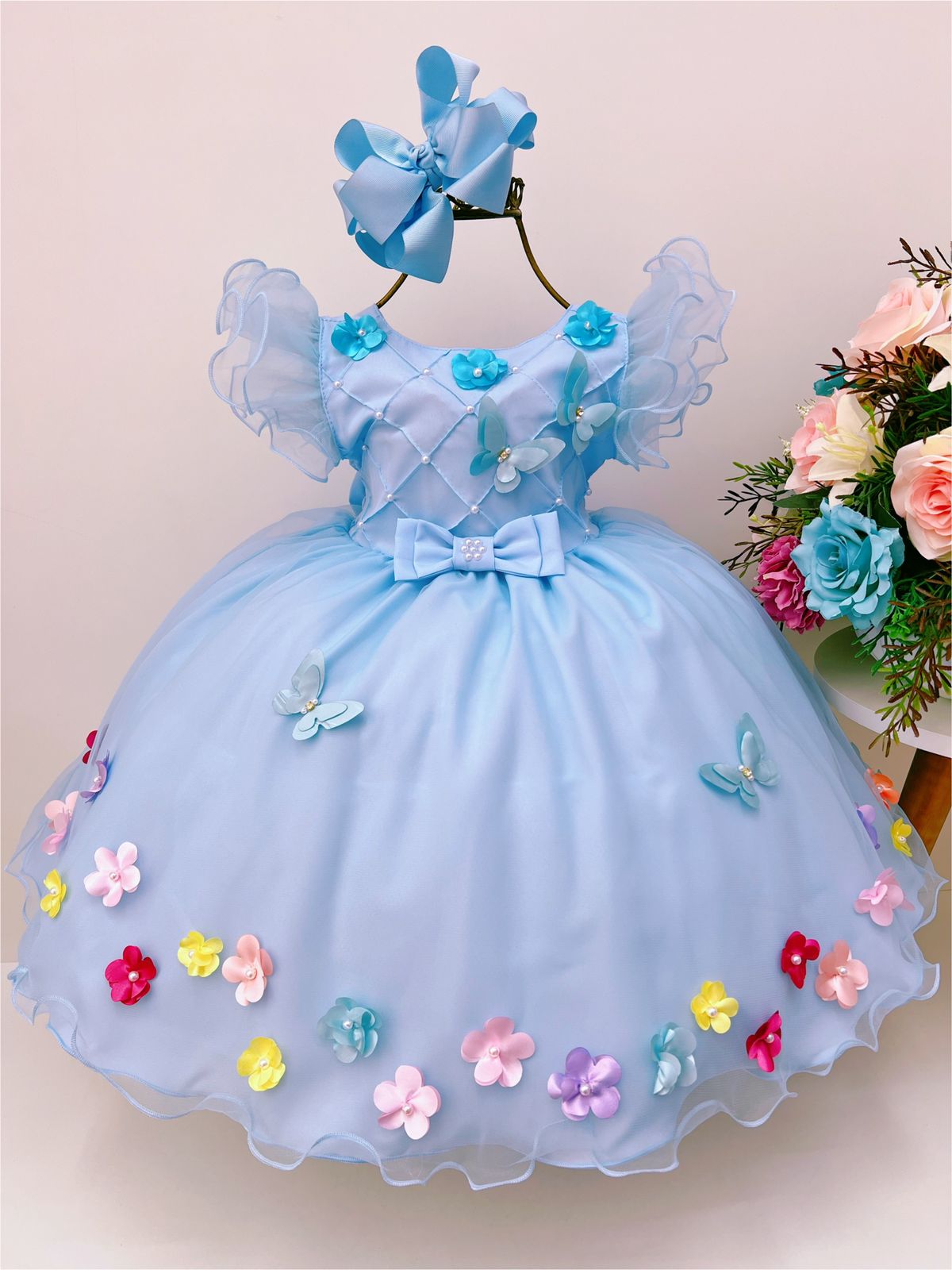 Vestido Infantil Azul Peito Nervura Aplique de Flores