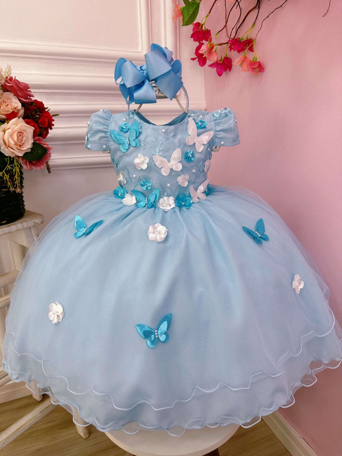 Vestido Infantil Azul Renda Aplique e Borboletas Flores