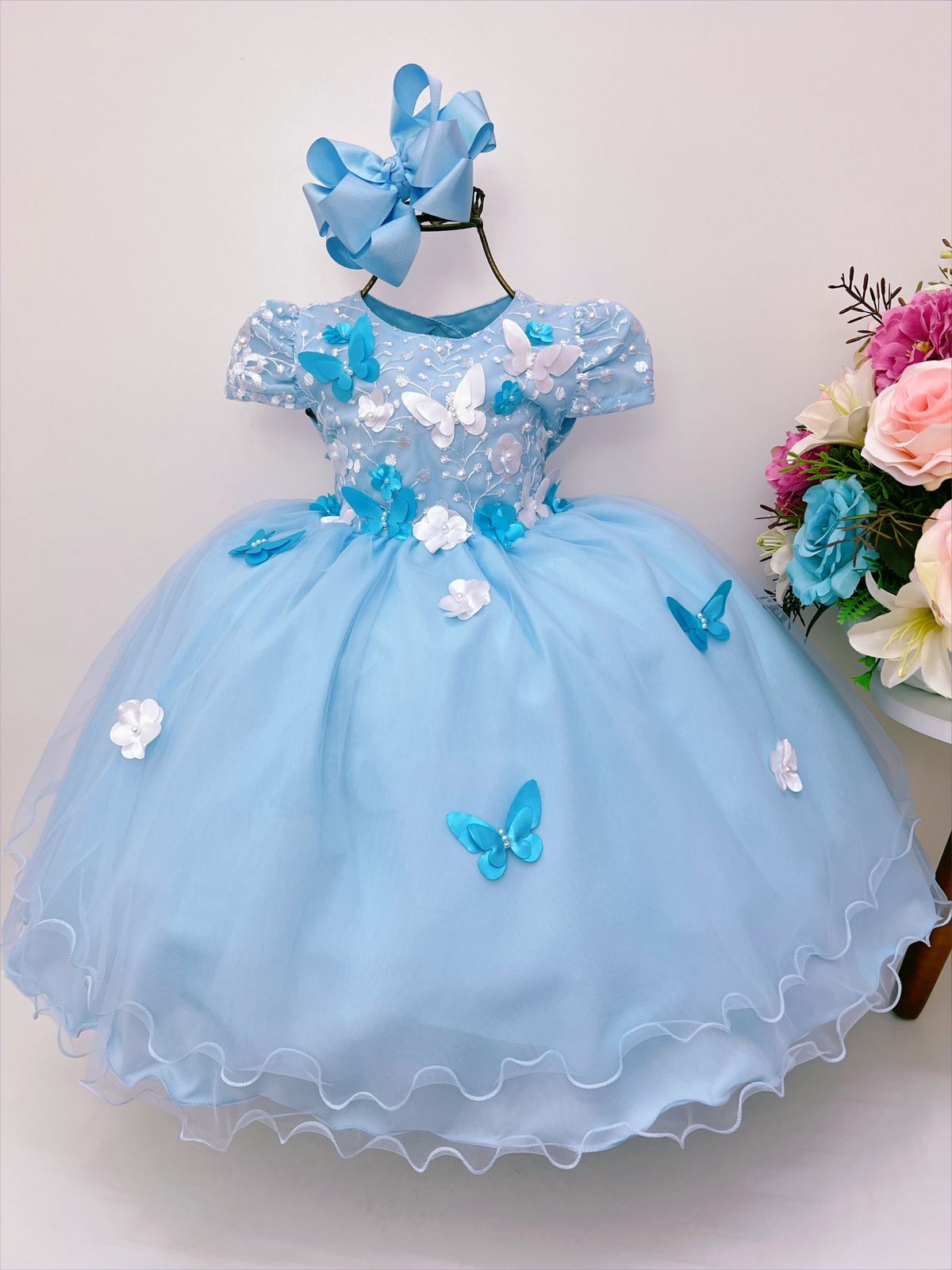 Vestido Infantil Azul Renda e Aplique de Borboletas Flores