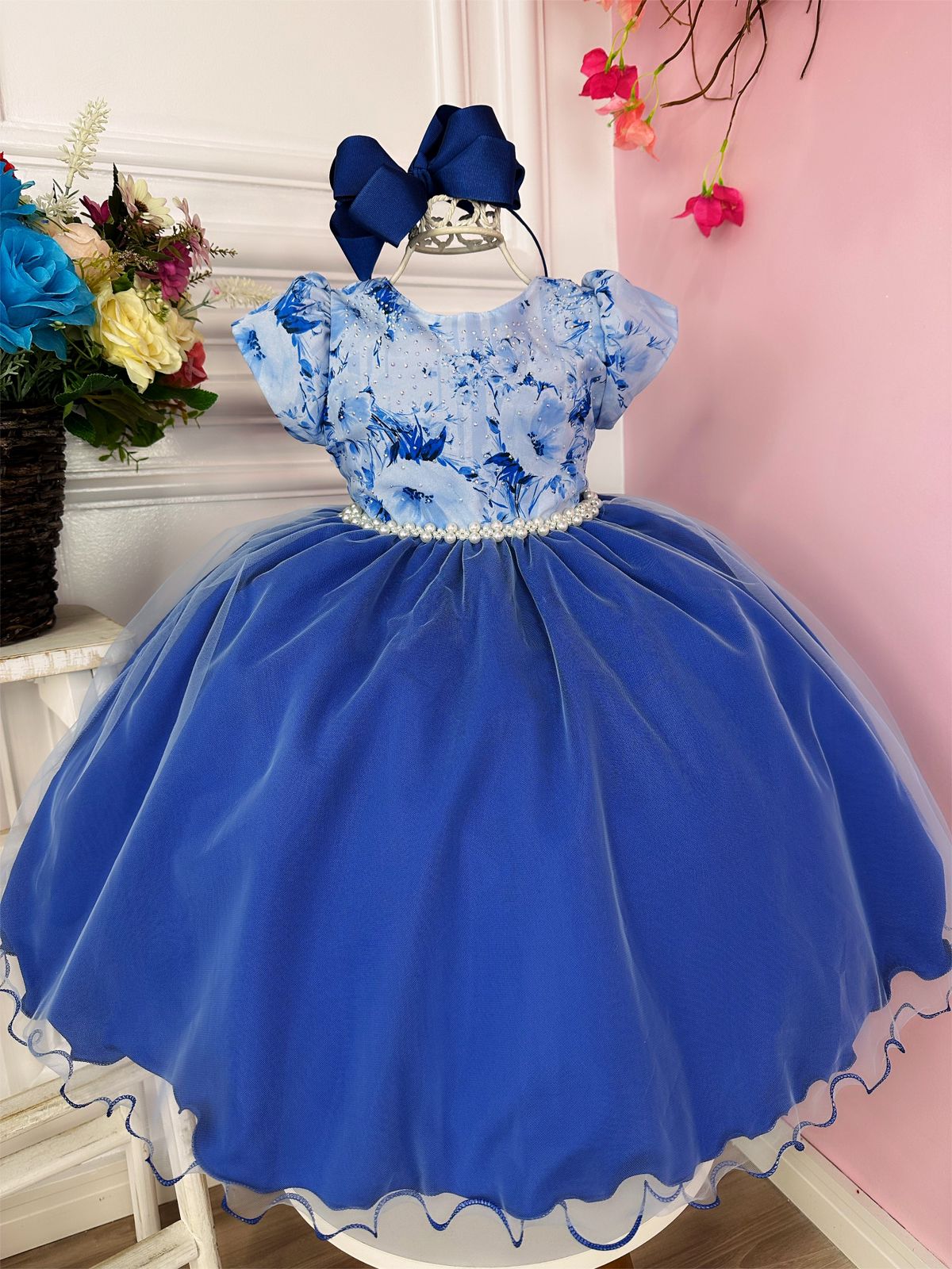 Vestido Infantil Azul Royal C/ Peito Strass Florido Luxo