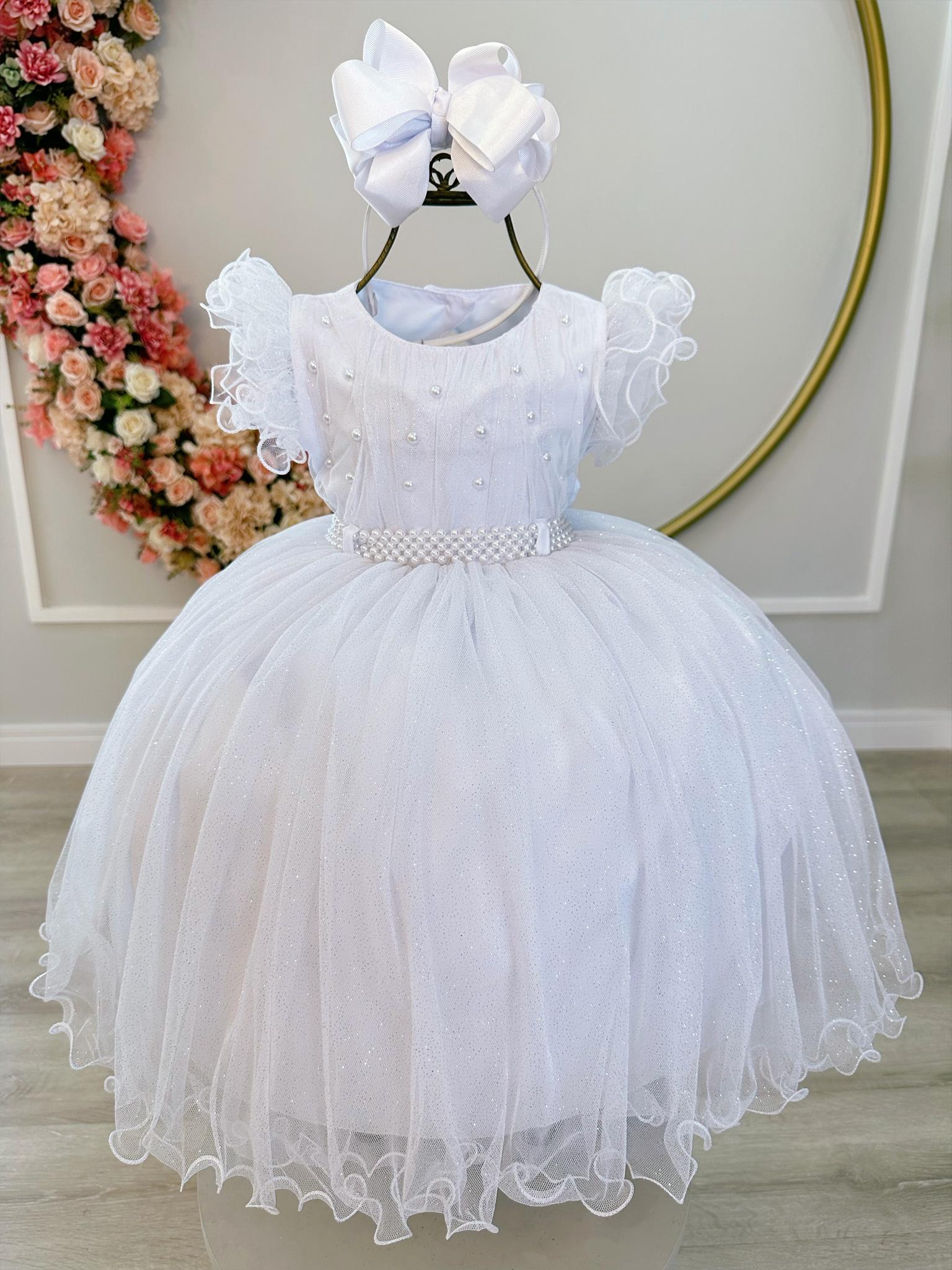 Vestido Infantil Branco C/ Cinto de Pérolas e Busto Damas