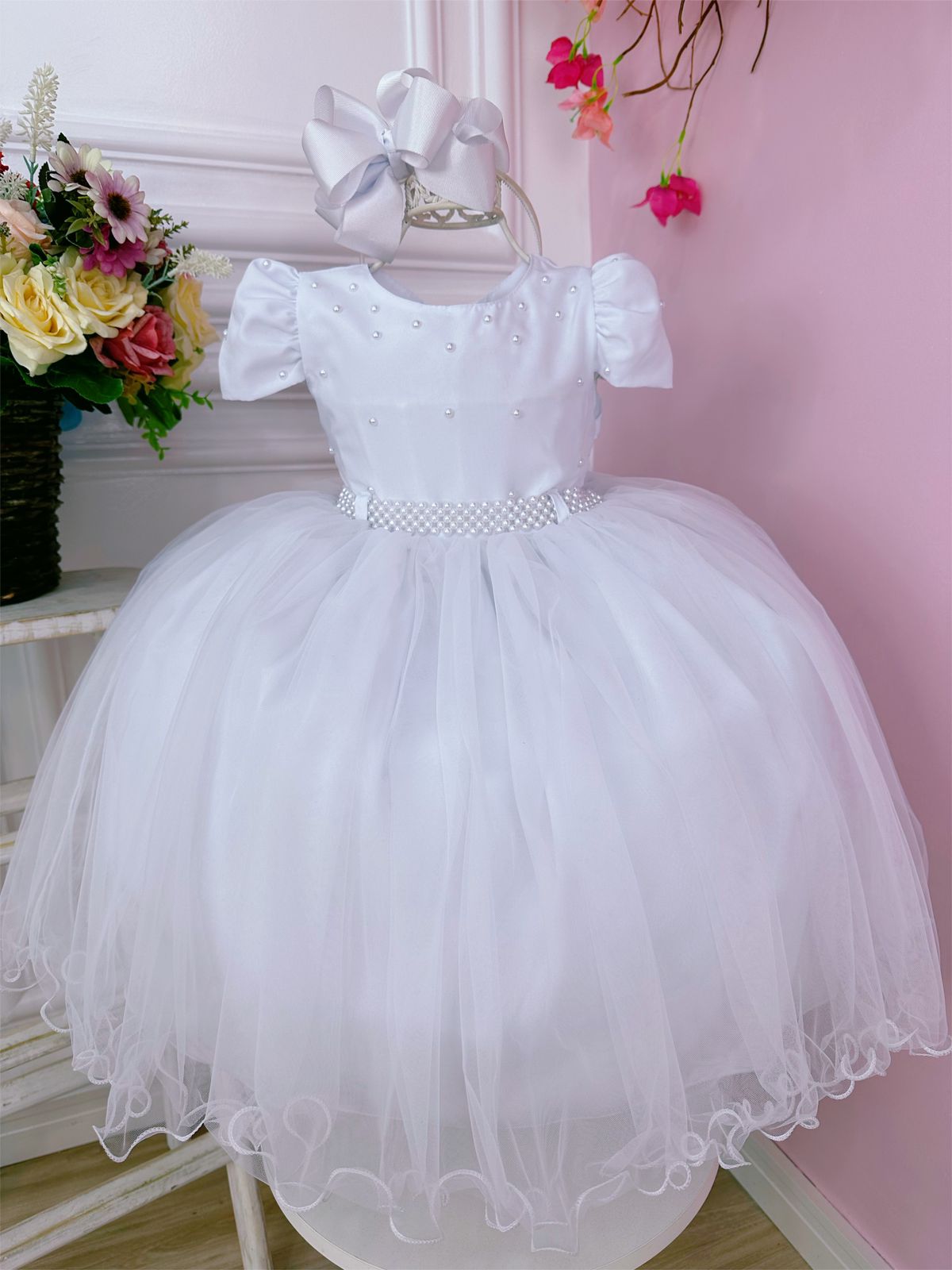 Vestido Infantil Branco C/ Pérolas no Peito e Cinto Luxo