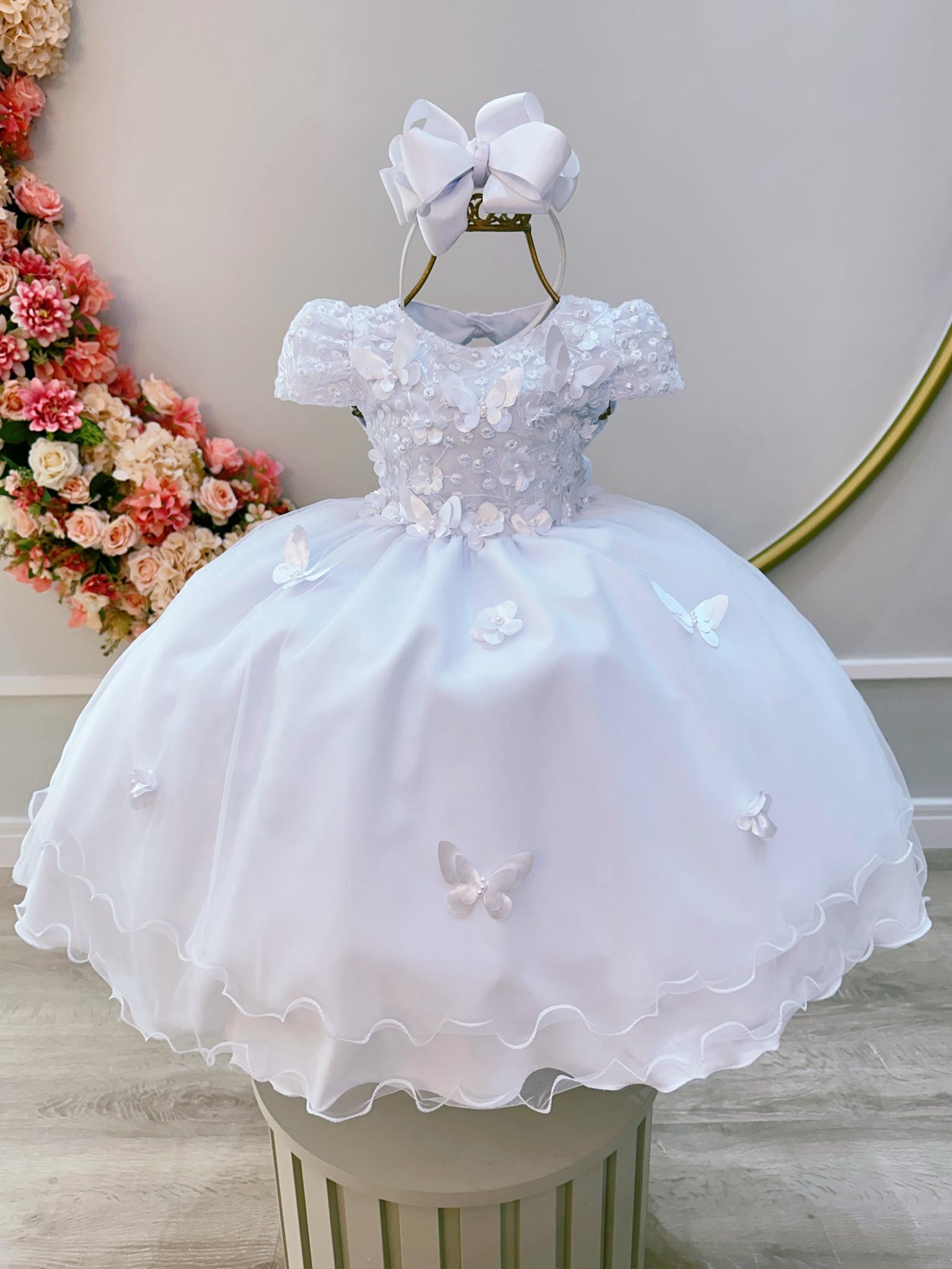 Vestido Infantil Branco C/ Renda e Aplique de Flores Borboletas