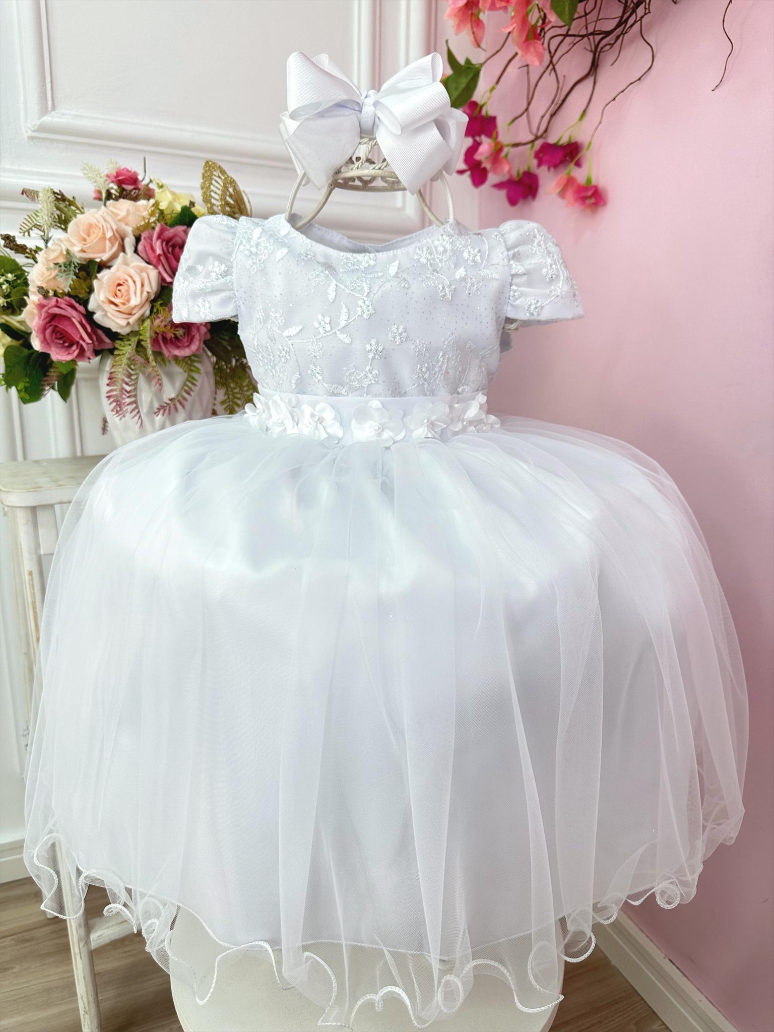 Vestido Infantil Branco Com Renda e Aplique de Flores Festas