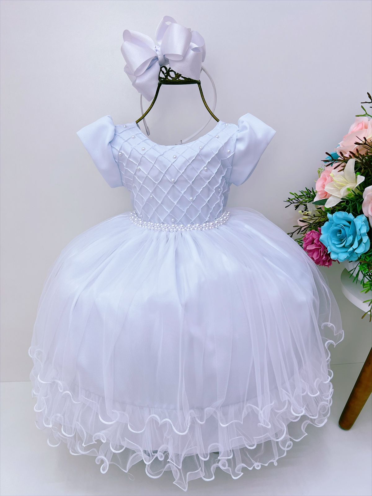 Vestido Infantil Branco Peito C/ Nervura Pérolas Daminhas