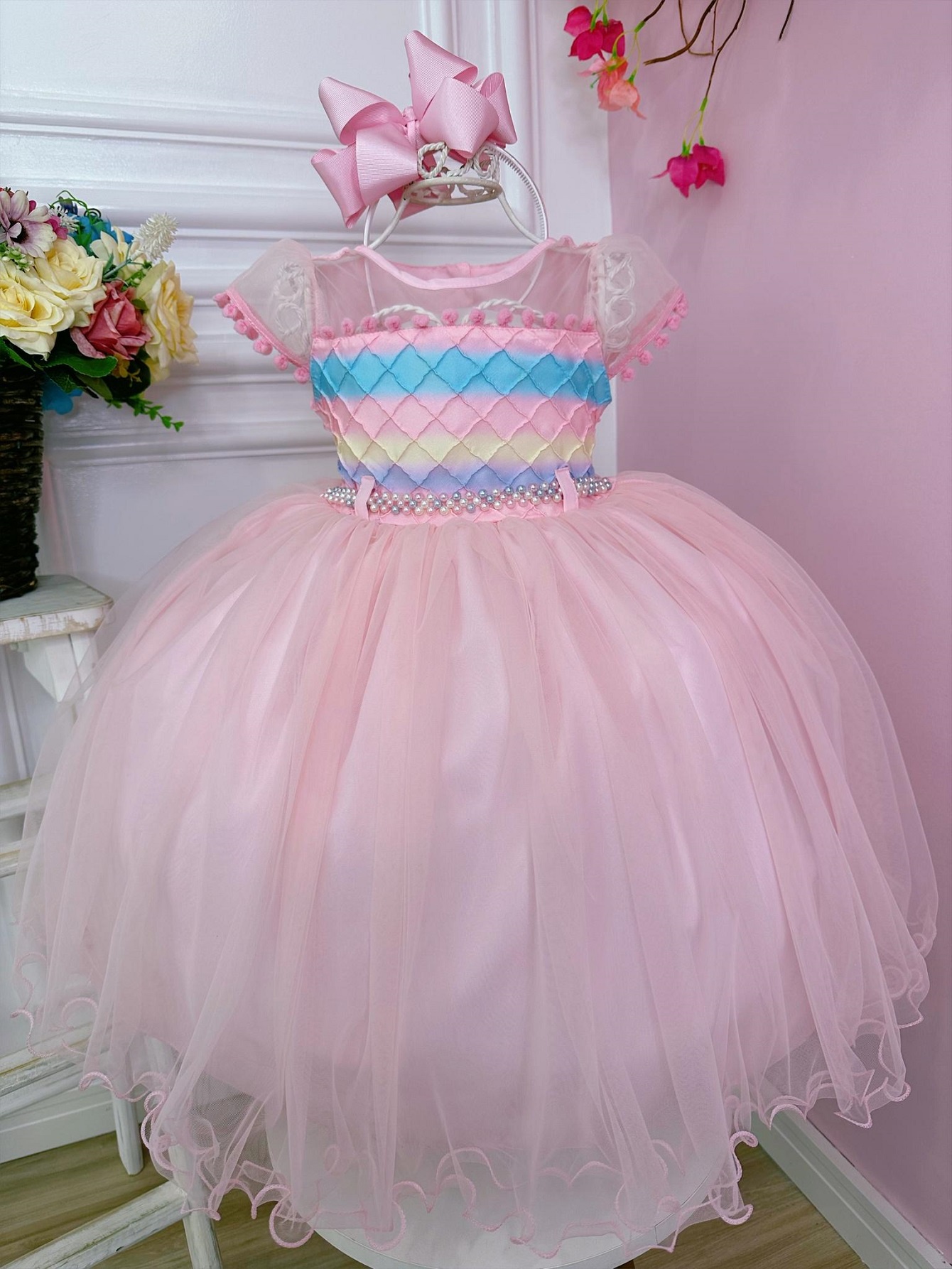 Vestido Infantil Chuva de Amor Busto Nervura C/ Pompons