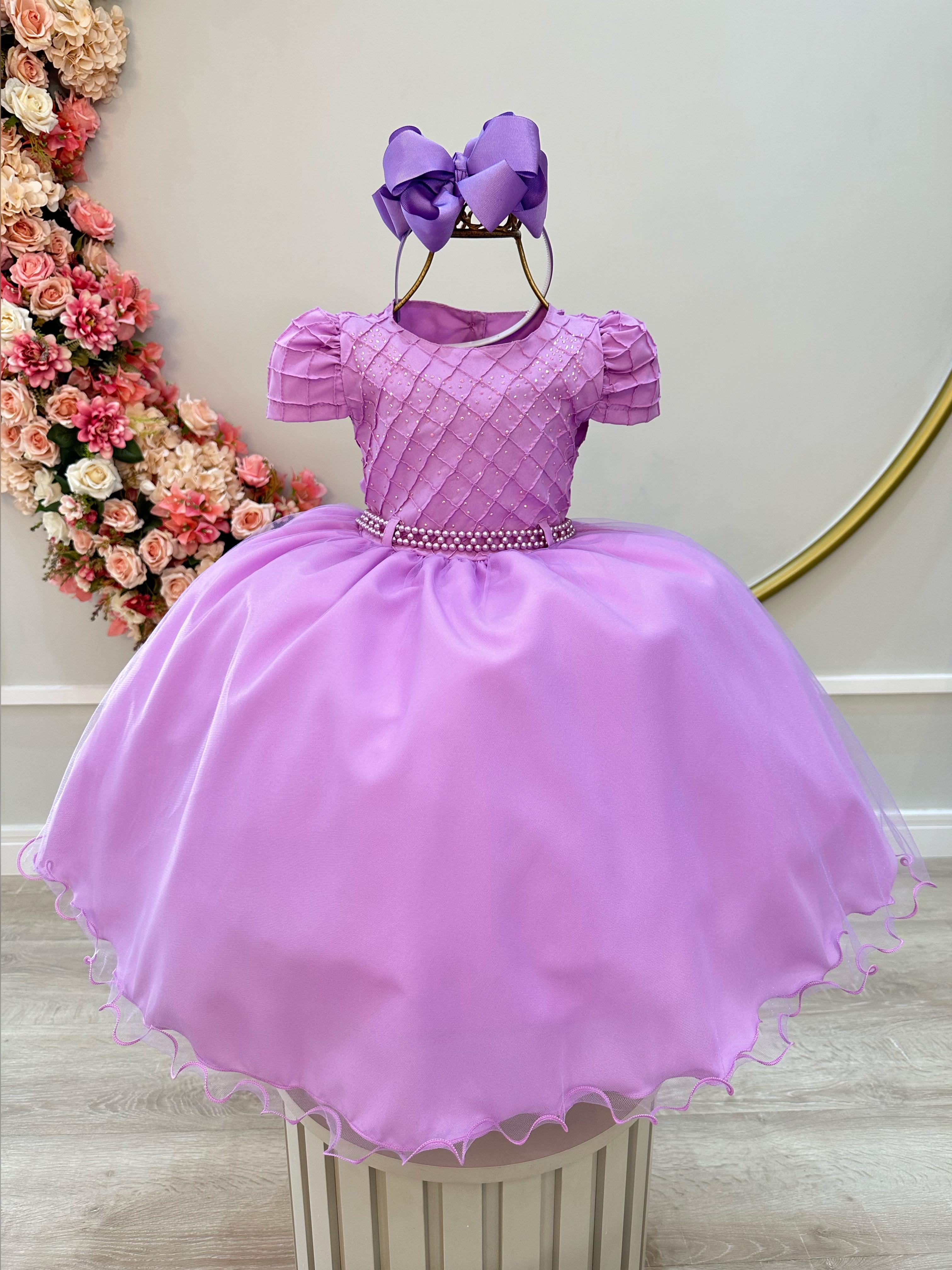 Vestido Infantil Lilás Busto Nervura Strass Daminhas