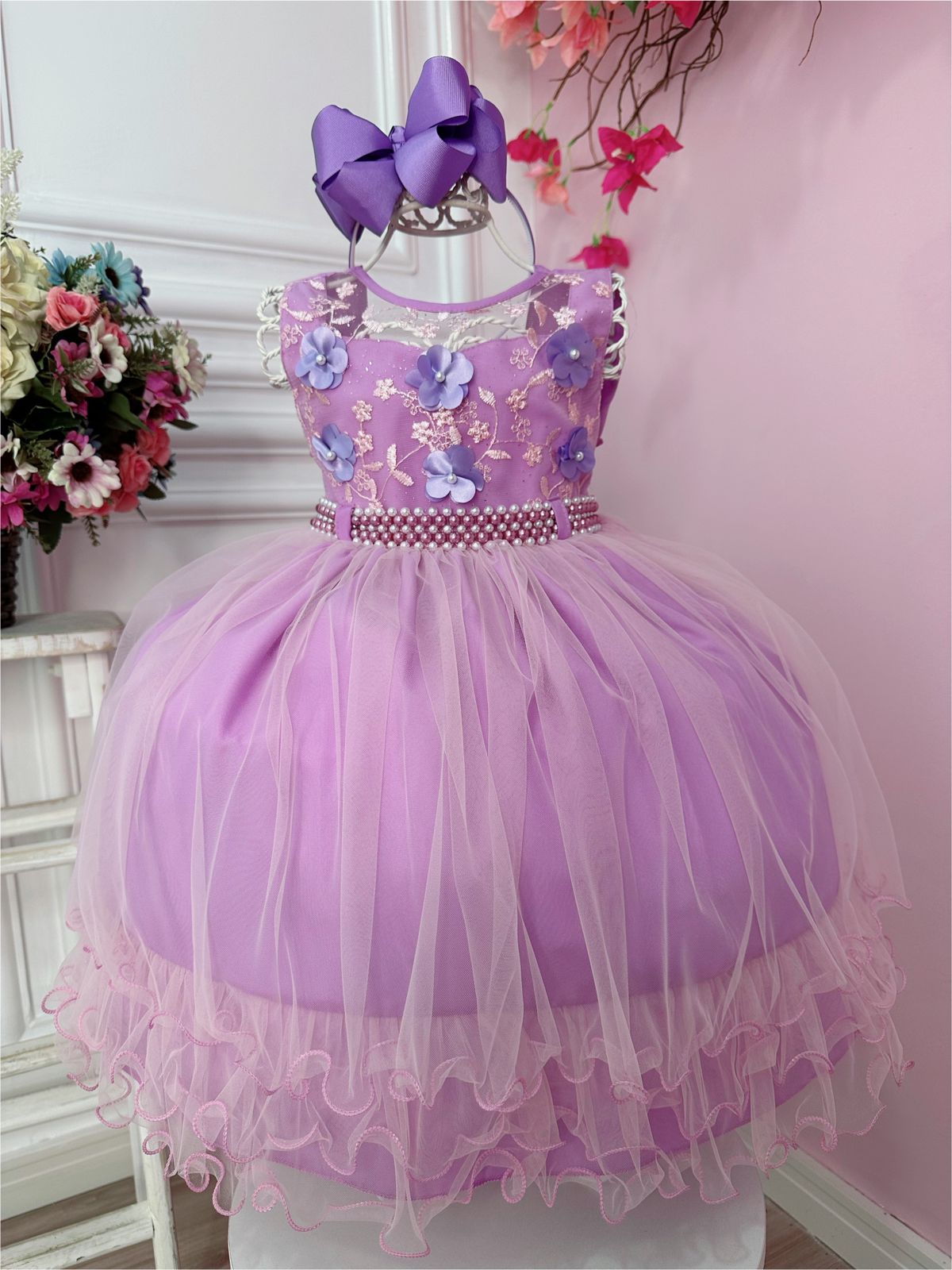 Vestido Infantil Lilás C/ Aplique de Flores e Renda Luxo