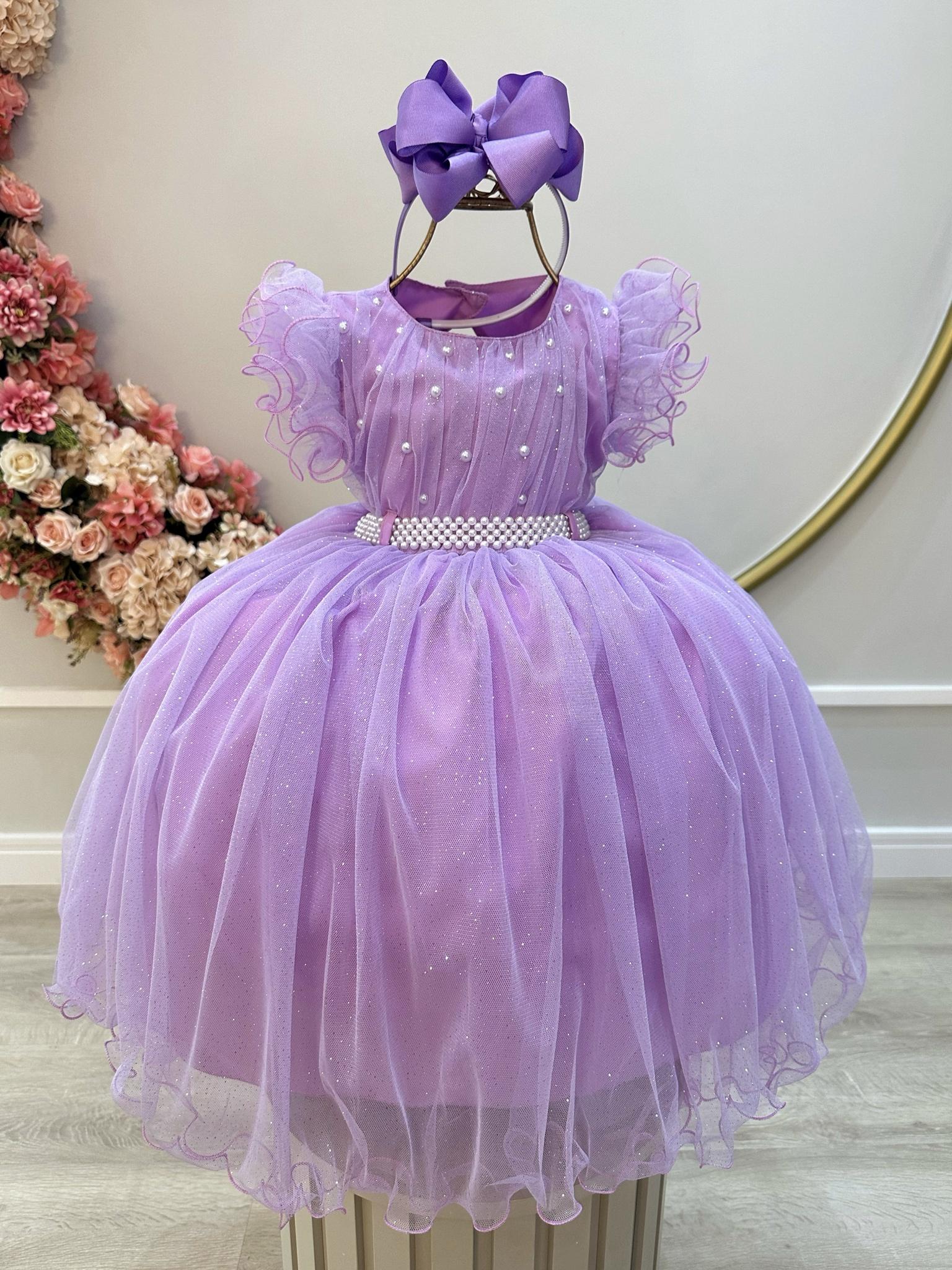 Vestido Infantil Lilás C/ Cinto de Pérolas e Busto Damas