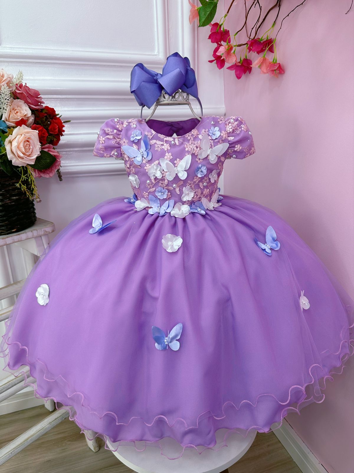 Vestido Infantil Lilás C/ Renda e Aplique Flores Borboletas