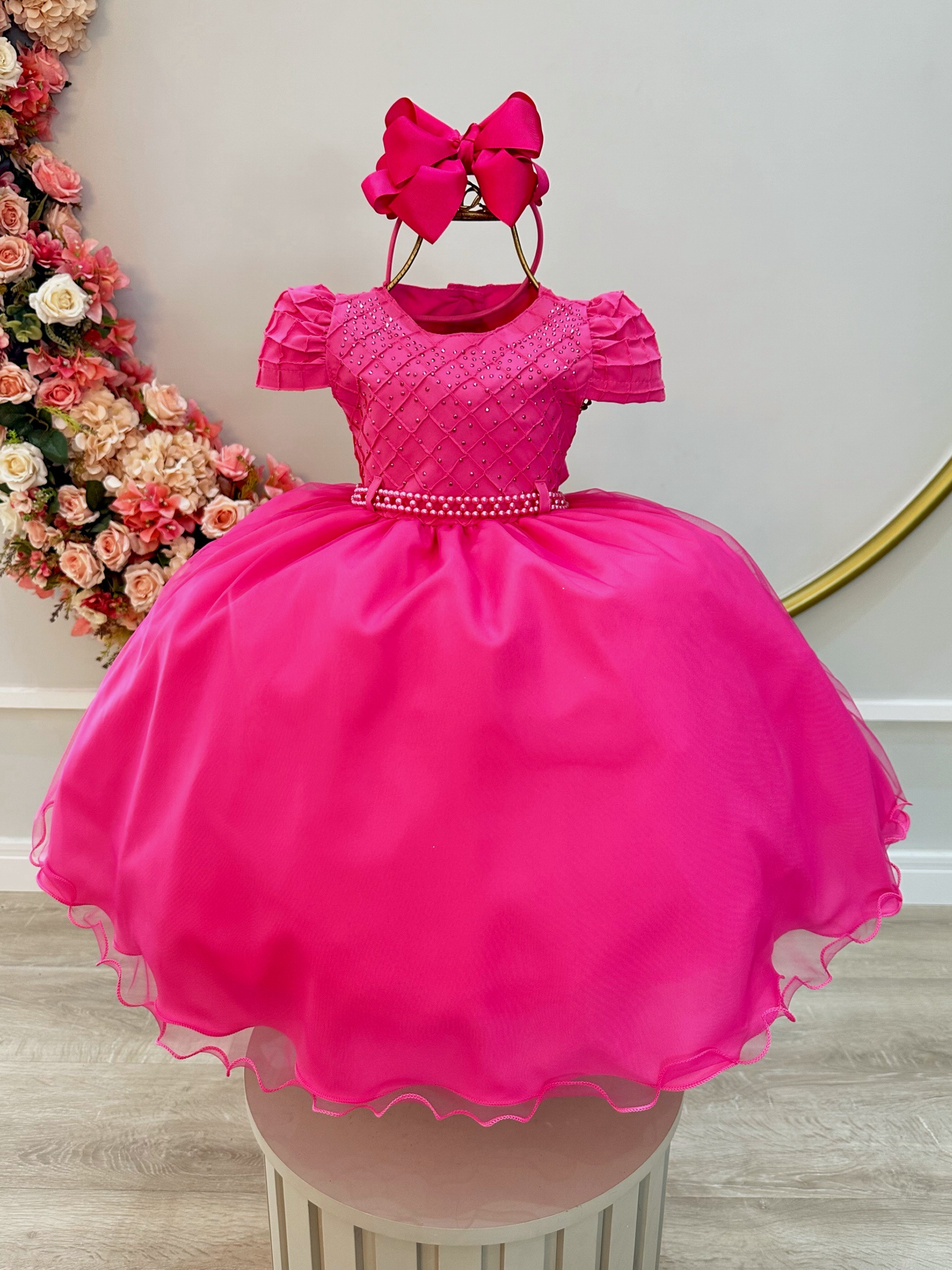 Vestido Infantil Pink Busto Nervura Strass Daminhas