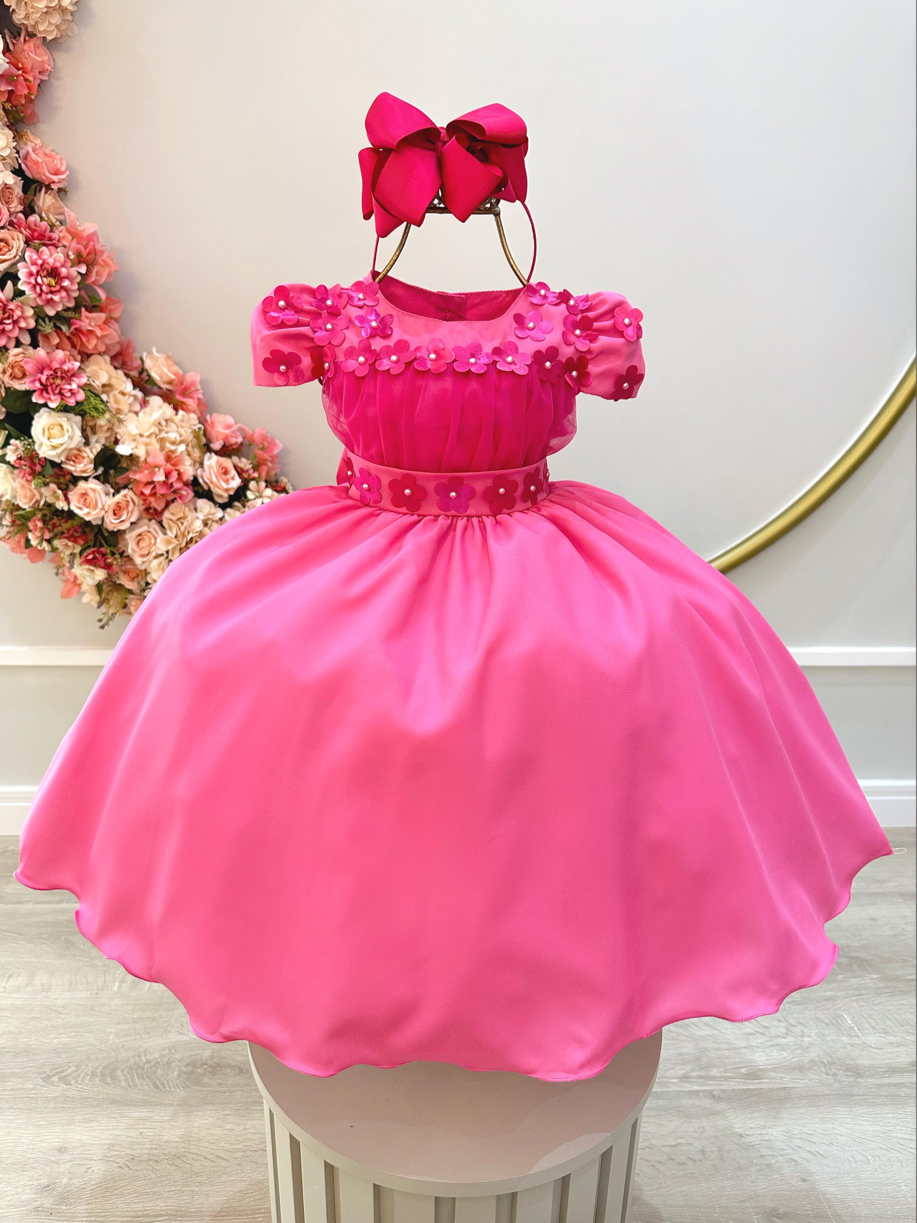 Vestido Infantil Pink C/ Busto Tule e Aplique de Flores