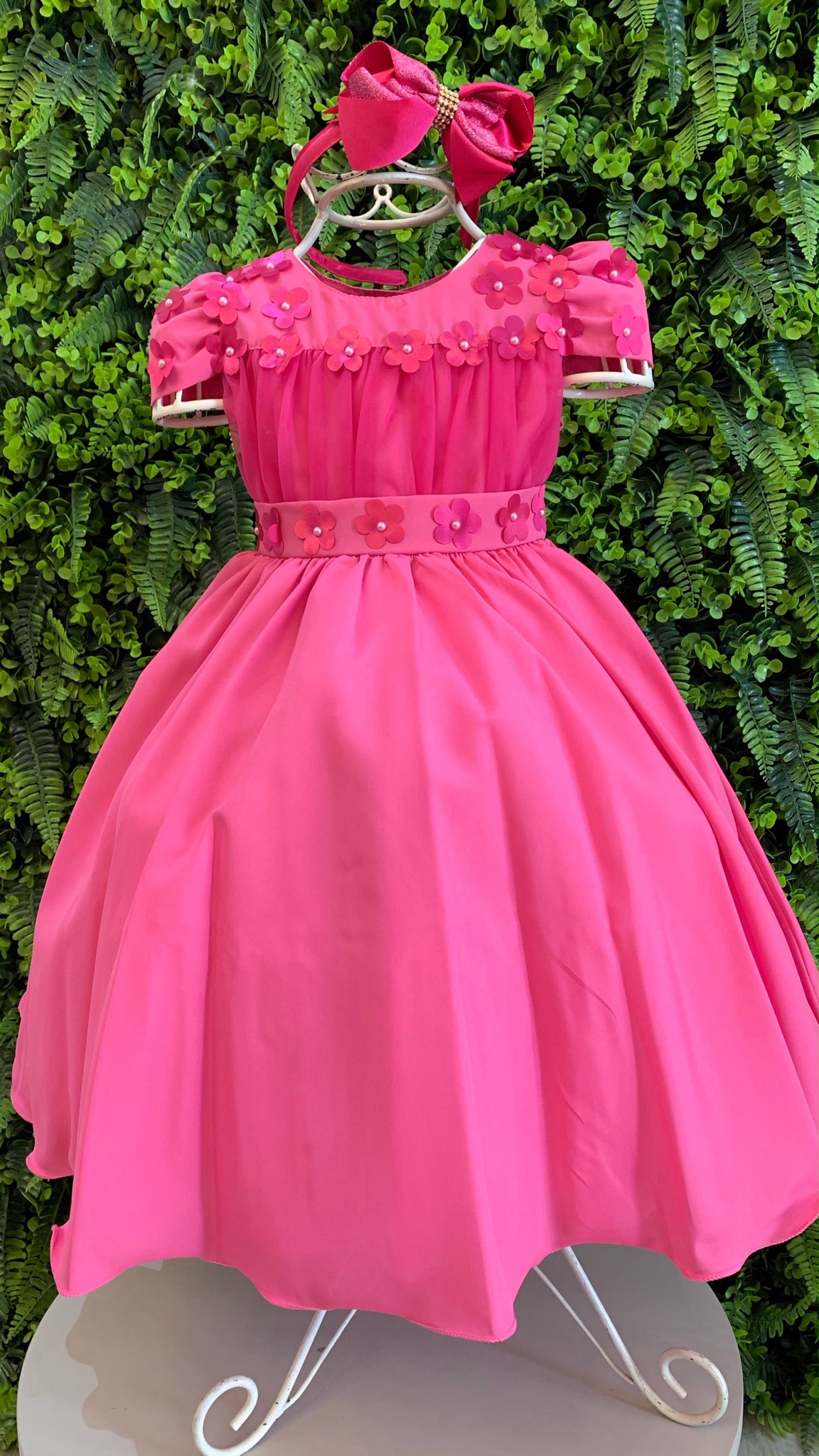 Vestido Infantil Pink C/ Busto Tule e Aplique de Flores