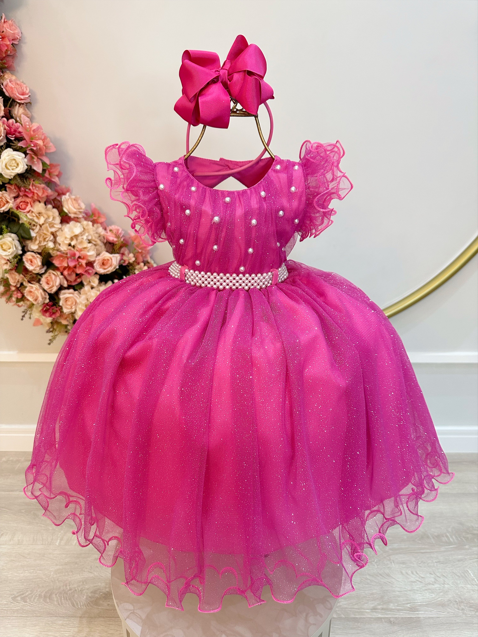 Vestido Infantil Pink C/ Cinto de Pérolas e Busto Damas