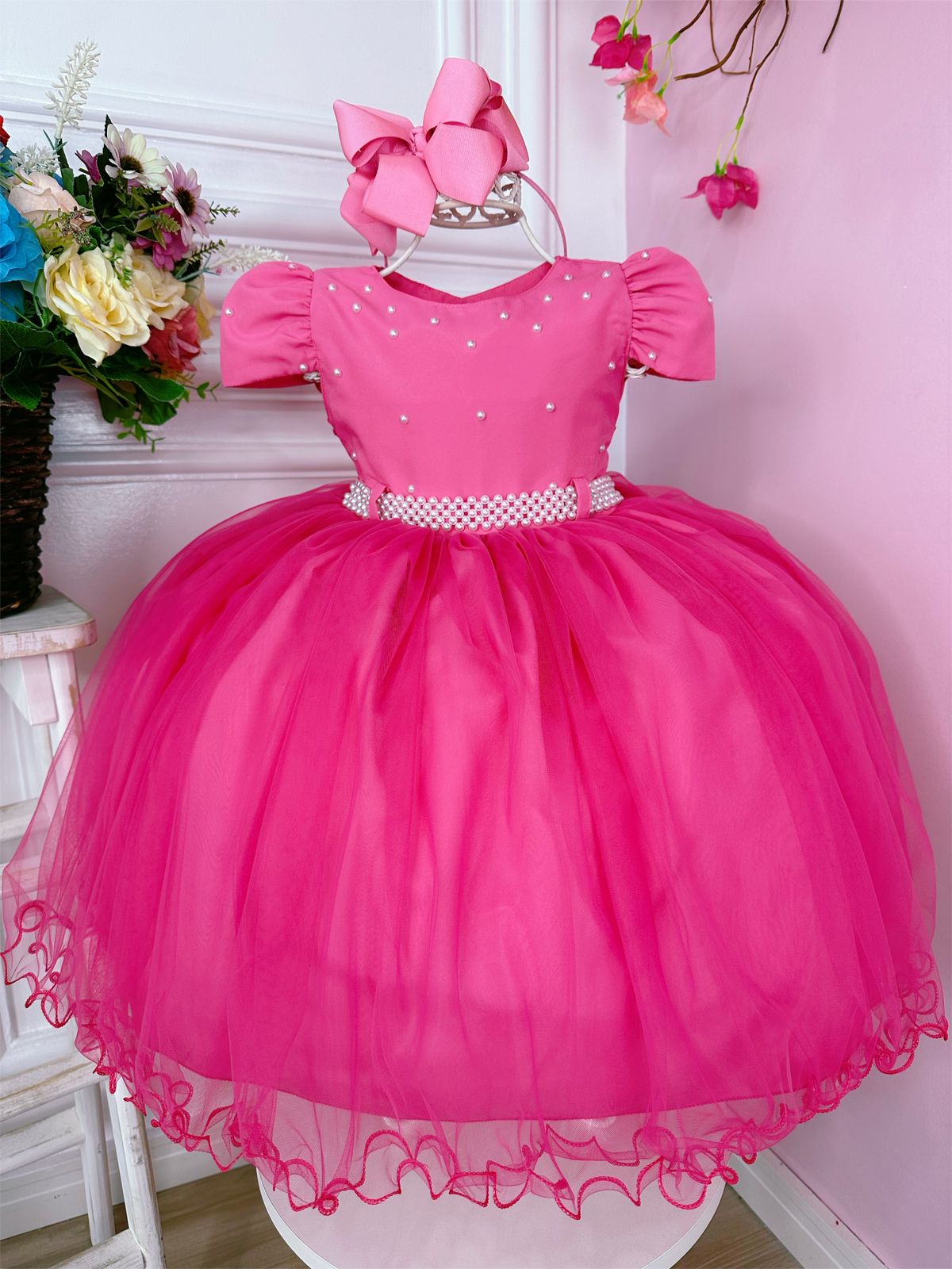 Vestido Infantil Pink C/ Pérolas no Peito e Cinto Luxo
