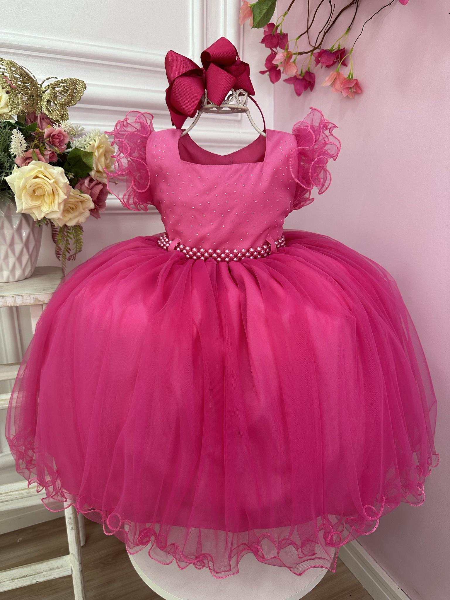 Vestido Infantil Pink C/ Strass no Busto e Cinto de Pérolas