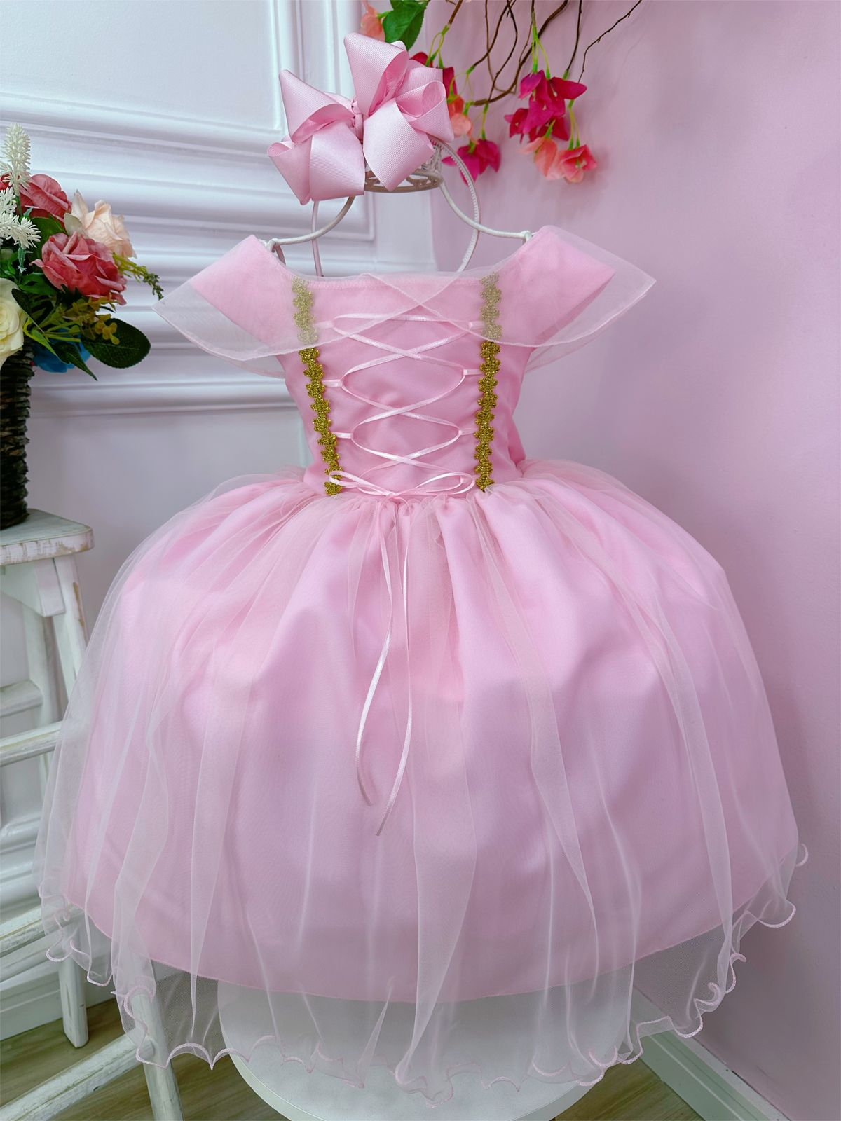 Vestido Infantil Princesa Aurora Com Busto Trançado