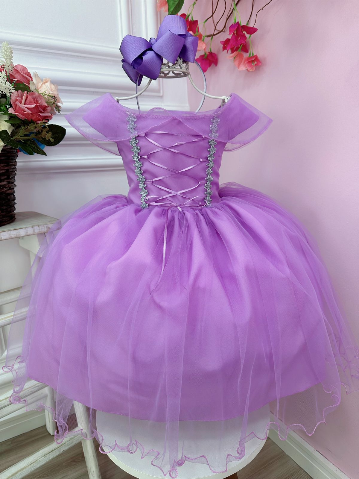 Fantasia Infantil Vestido Princesa Sofia Rapunzel Par Luvas e Tiara