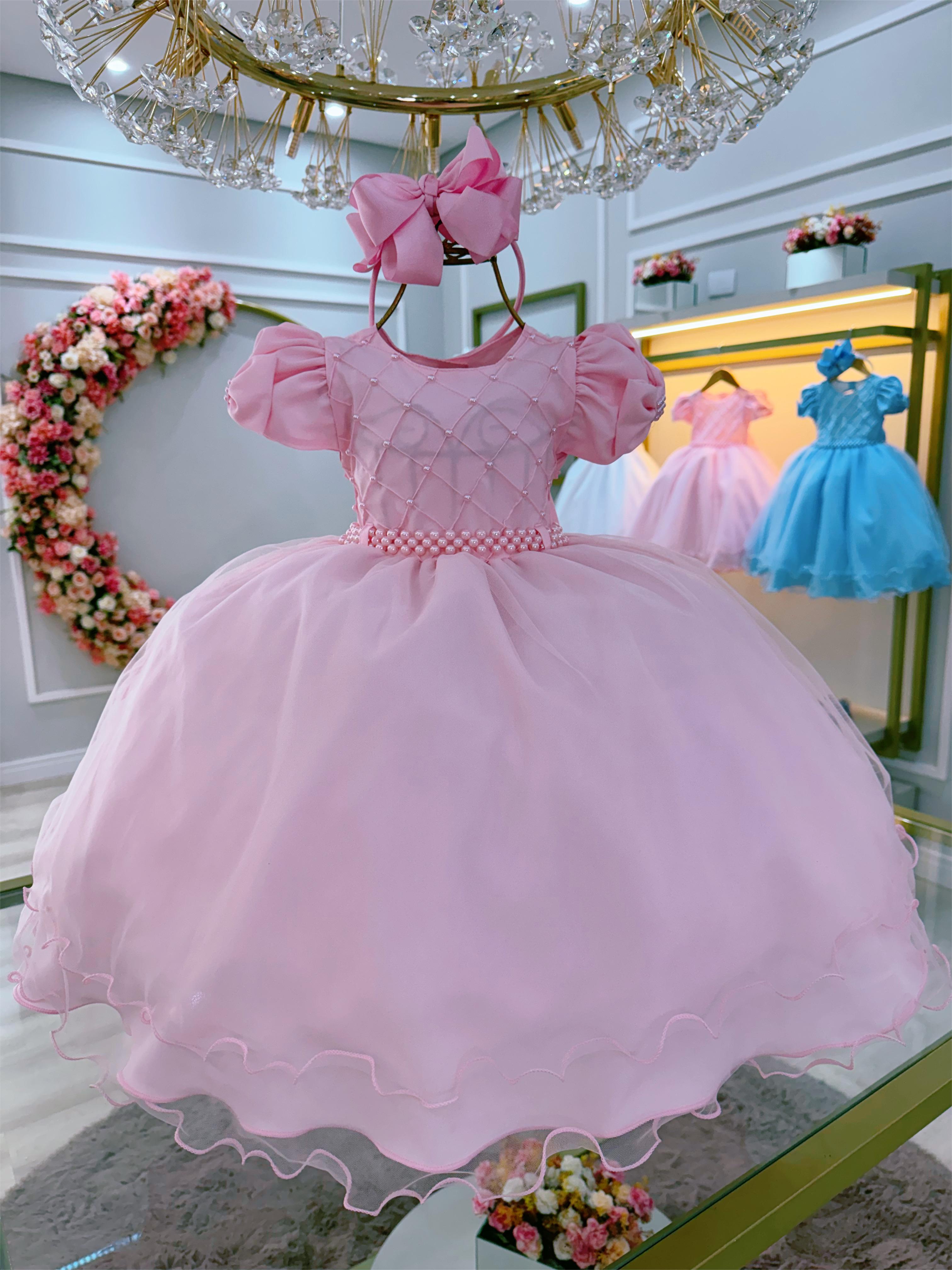 Vestido Infantil Rosa Bebê Busto Com Nervura Pérolas Daminhas