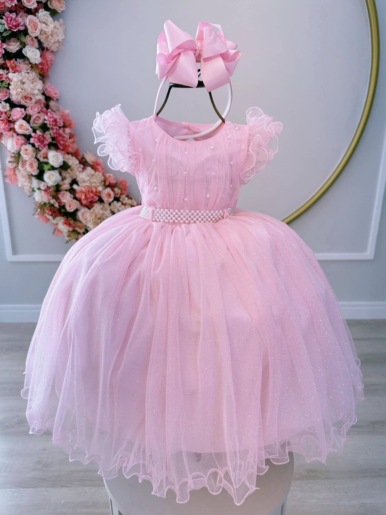 Vestido Infantil Rosa Bebê C/ Cinto de Pérolas e Busto Damas