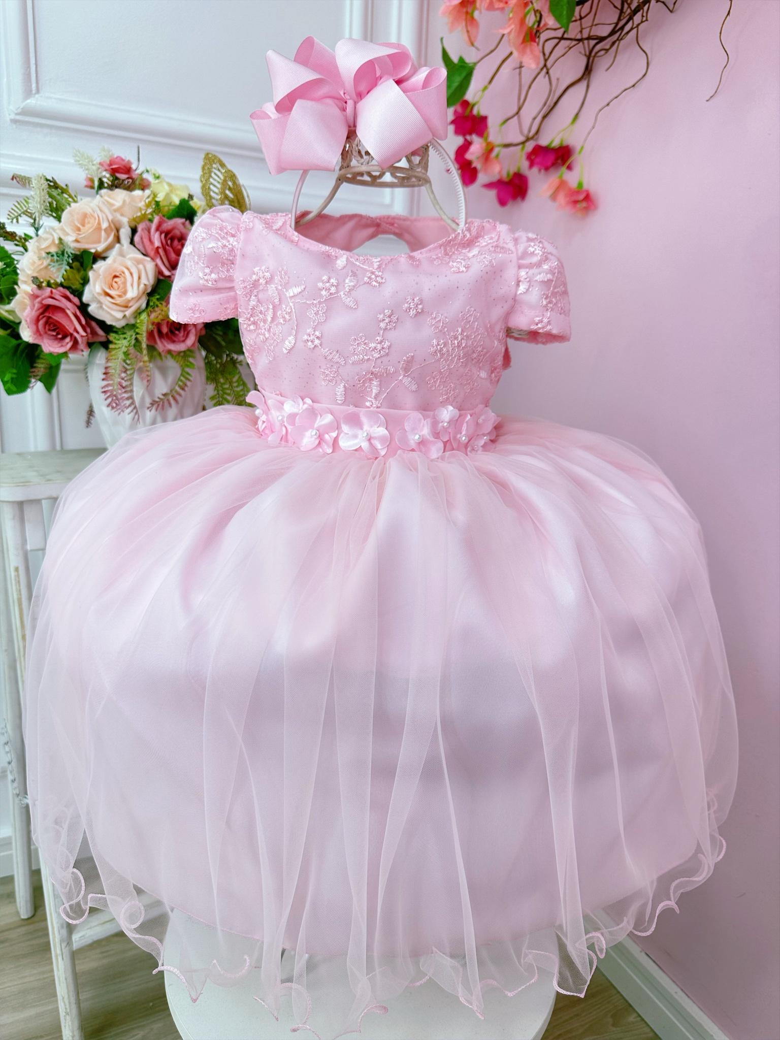 Vestido Infantil Rosa Bebê C/ Renda e Aplique Flores Festas