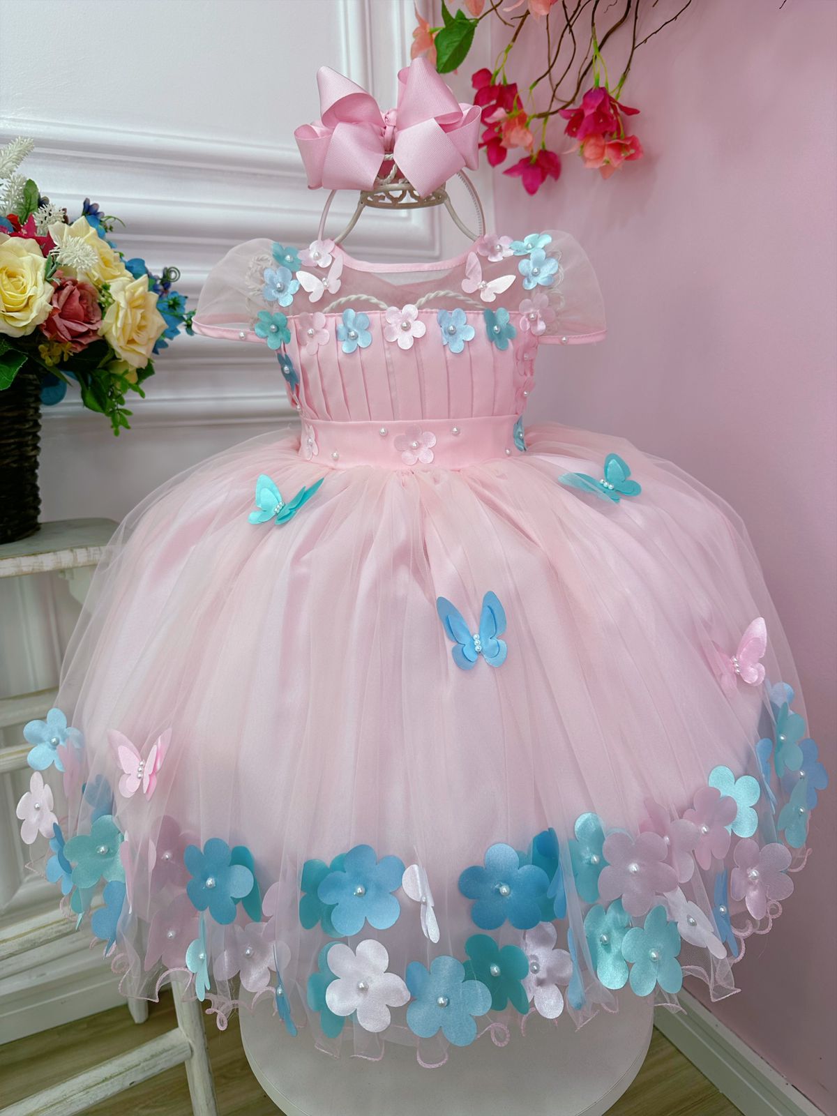 Vestido Infantil Rosa Busto Plissado Aplique Flores Borboleta