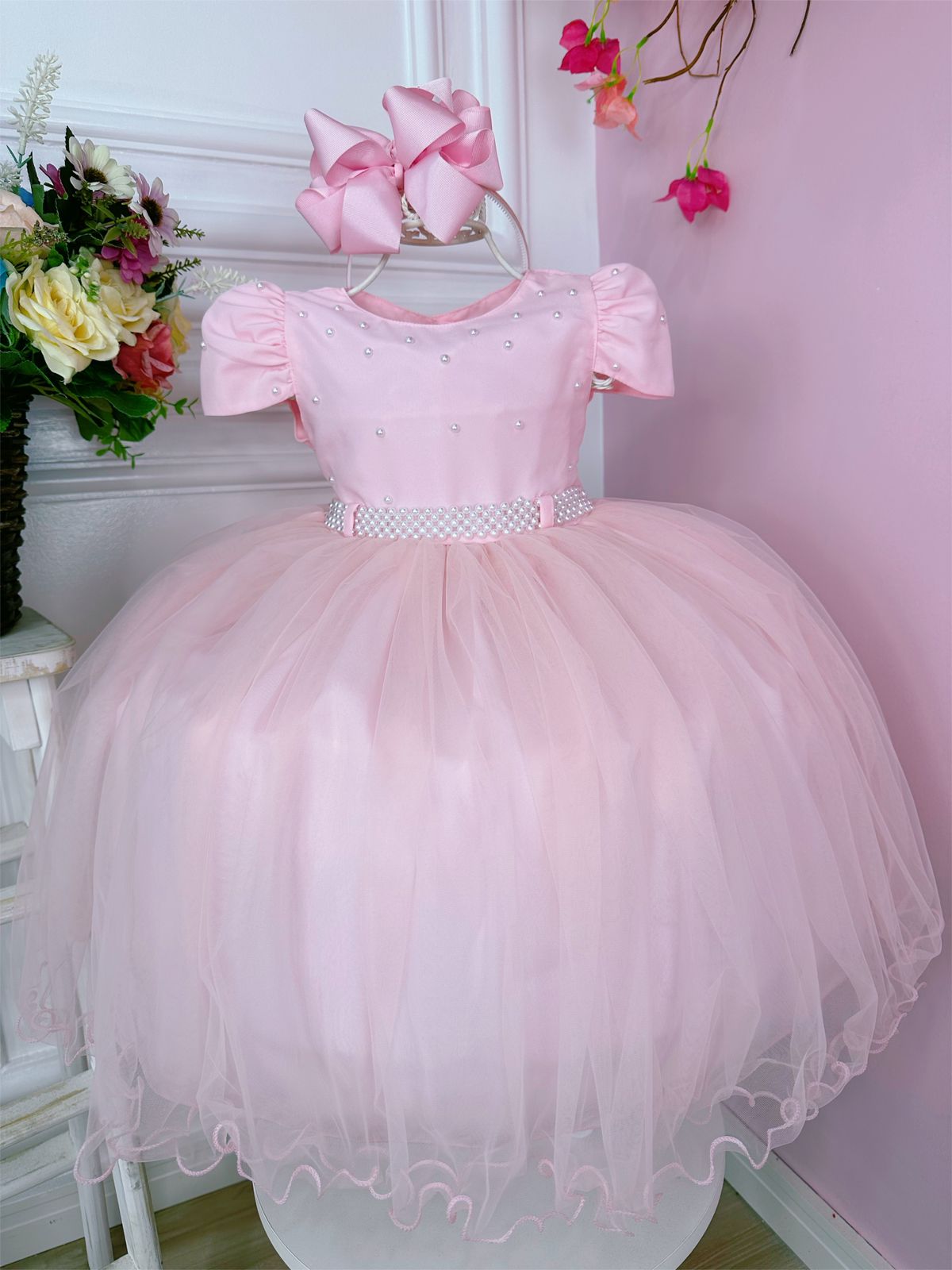 Vestido Infantil Rosa C/ Pérolas no Peito e Cinto Luxo
