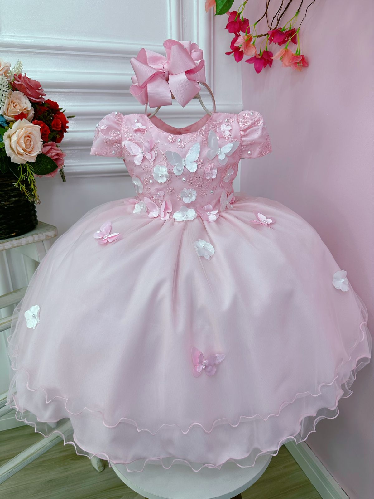 Vestido Infantil Rosa C/ Renda e Aplique Flores Borboletas