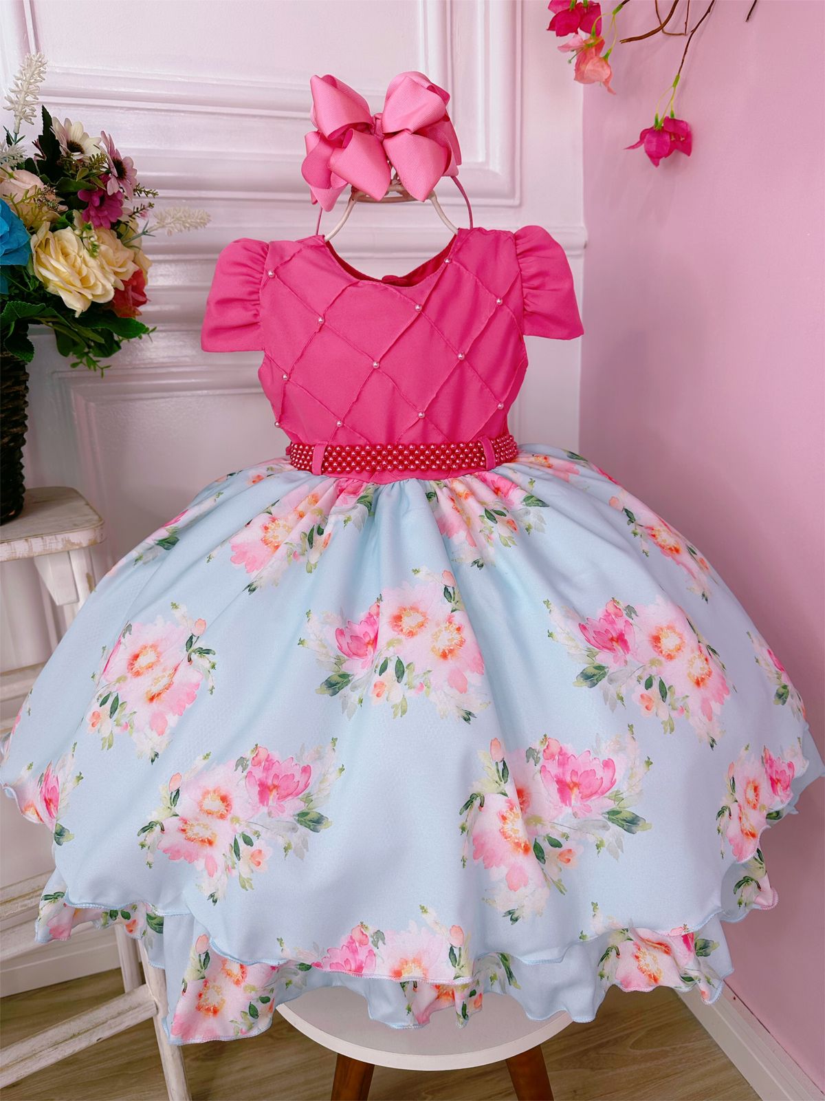 Vestido Infantil Rosa Chiclete Peito Nervura Florido Pérolas