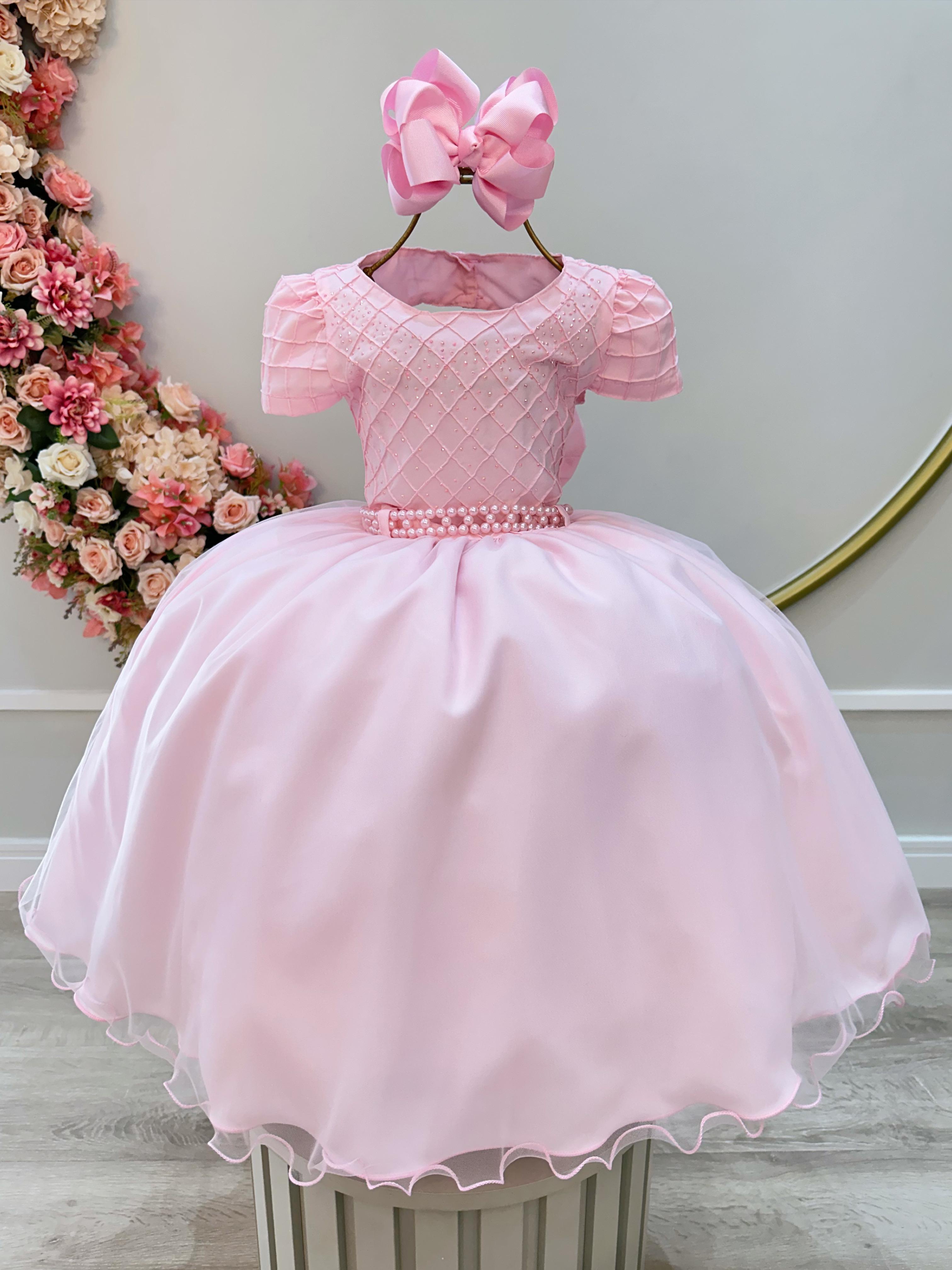 Vestido Infantil Rosa Claro Busto Nervura Strass Daminhas